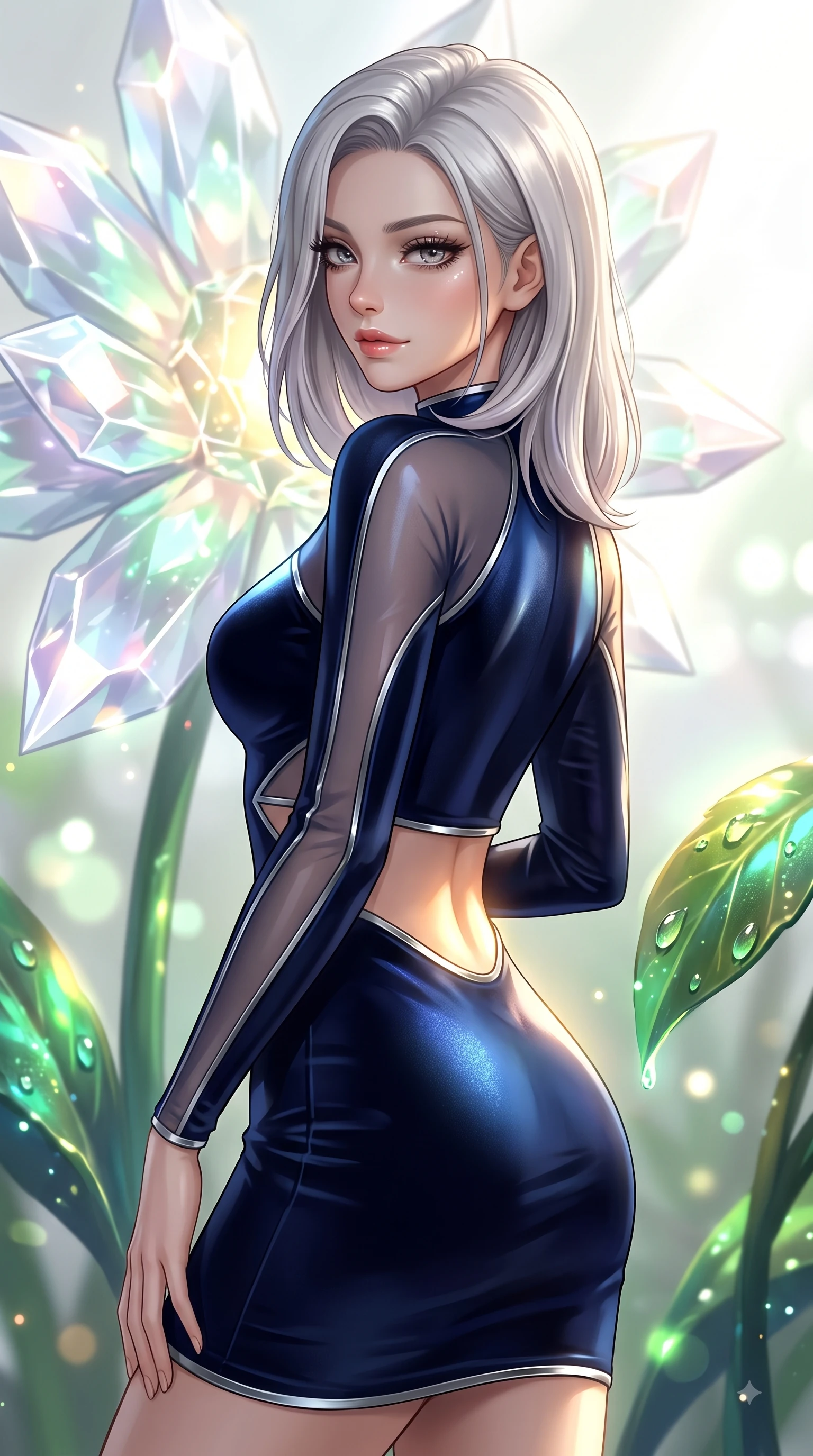 score_9, masterpiece, best quality, ultra-detailed, high-budget anime keyframe, editorial fashion photography, tasteful artistic composition, Caucasian woman. close-up cowboy shot from the waist and thighs up, the character dominates the composition, filling the frame with her large presence, background elements kept in soft focus. Casting a seductive sidelong gaze over her bare shoulder with heavy lashes and a composed half-smile while resting near a giant solar-powered crystal flower as warm sunlight illuminates her slender waist, dewdrops on bioluminescent leaves reflecting vibrant emerald and gold highlights. She has an exceptionally elegant, slender, and willowy female figure with an ultra-slim waist, a gracefully sculpted slender torso, and a refined silhouette. sharp v-shaped jawline, high-bridge nose, intricate jewel-like eyes with depth, thick eyelashes, glossy lips with a natural sheen, flawlessly proportioned anatomical accuracy, natural body alignment, perfectly sculpted elegant limbs, clean dynamic posture without body distortion. wearing a sleek bodycon knit dress with strategic sheer organza sleeve panels in midnight navy blue and chrome trim, made of premium stretch velvet with a rich sheen, featuring subtle geometric cutouts that highlight her ultra-slim midriff, the sleek second-skin texture accentuating her magnetic presence. surrounded by a bright, airy ambiance with radiant white and green highlights. ultra-reflective glossy finish, specular highlights, metallic sheen, high-contrast stereoscopic depth, volumetric dynamic lighting, 2k, ultra detail, master piece, 9:16 ratio