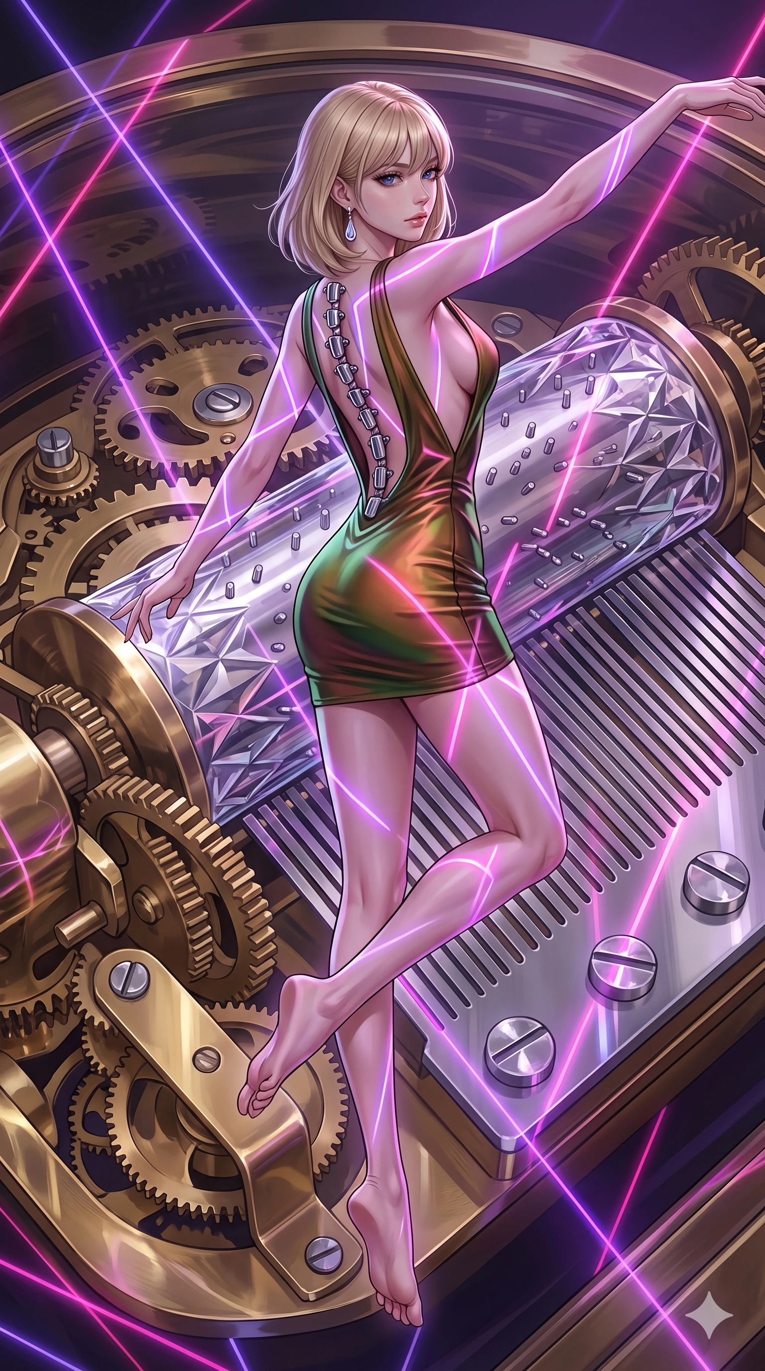 score_9, masterpiece, best quality, ultra-detailed, high-budget anime keyframe, editorial fashion photography, tasteful artistic composition, Japanese woman. low angle full-body shot from head to toe showing her feet, filling the entire 9:16 vertical frame with her statuesque presence, stretching her vertical silhouette. pirouetting mid-air inside inside a giant music box mechanism with rotating crystal cylinders silver pins plucking ethereal melodies and delicate clockwork gears of polished brass turning in perfect synchronization. She has a statuesque 8.5-heads proportion, an exceptionally tall, slender and willowy model-like build with impossibly long legs and a highly sculpted ultra-slim waist. sharp v-shaped jawline, high-bridge nose, intricate jewel-like eyes with depth, thick eyelashes, glossy lips with a natural sheen. wearing a deep-V bodycon mini dress in a shifting liquid bronze and green, featuring a dramatic open back and chrome spine hardware. laser lines of violet and hot pink reflecting off surfaces casting geometric neon highlights. 2k, ultra detail, master piece, 9:16 ratio
