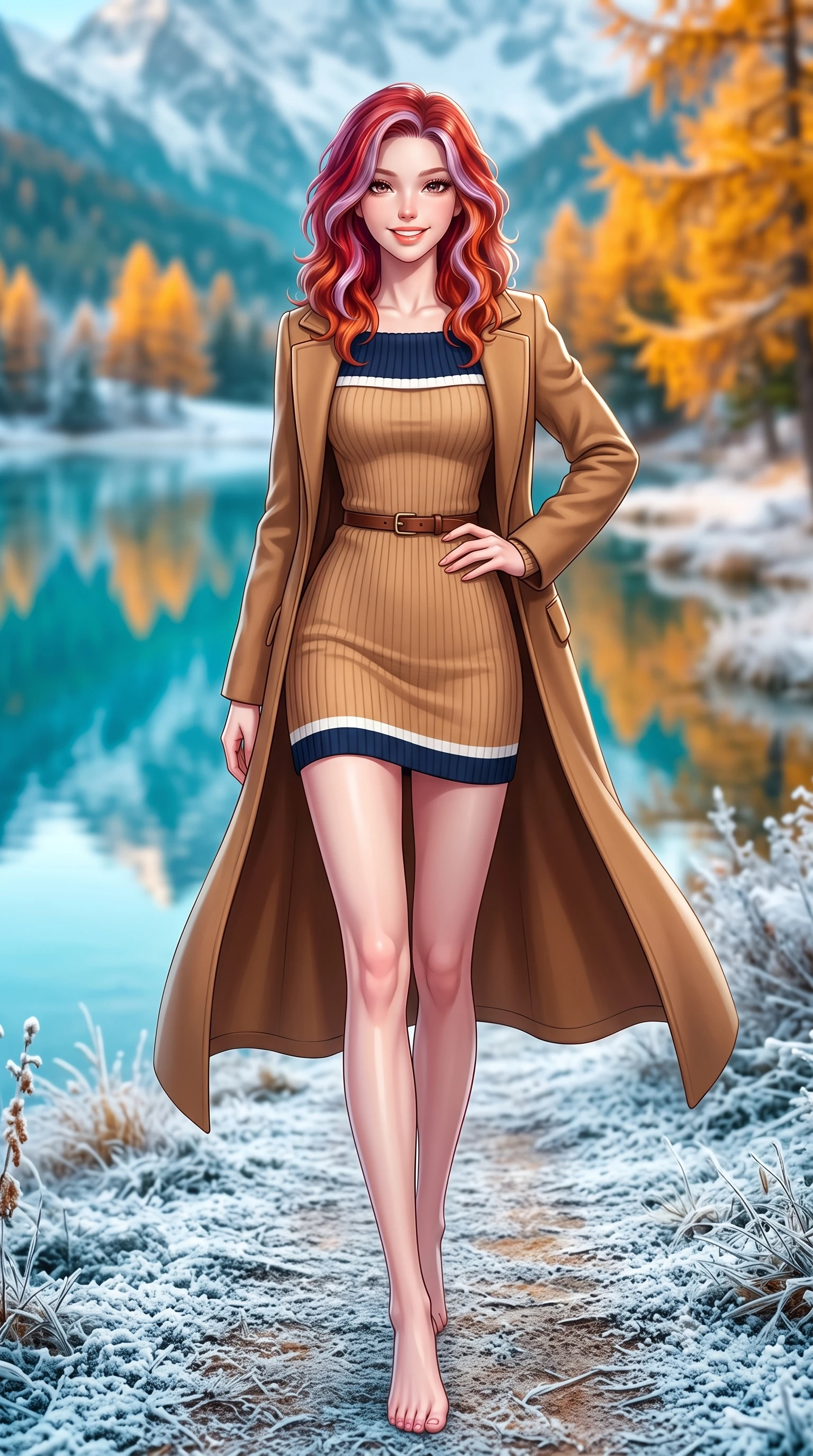 score_9, masterpiece, best quality, ultra-detailed, high-budget anime keyframe, semi-realistic 3D game render, editorial fashion photography, tasteful artistic composition, Caucasian woman. low angle full-body shot from head to toe showing her feet, filling the entire 9:16 vertical frame with her statuesque presence, stretching her vertical silhouette. walking briskly with tall supermodel strides, one hand placed on her narrow hip, her impossibly long slender legs commanding the frame while stepping forward with brisk, graceful strides on the frosted path, her long wool coat creating an impeccably slender vertical line. The background shows a soft-focus mirror-like turquoise lake reflecting snow peaks, blazing golden needle larch trees, and early morning shoreline frost blurred into turquoise, marigold, and frost white bokeh. She has an exceptionally tall and slender model-like 8.5-heads proportion, an ultra-slim waist, a flat toned midriff, narrow delicate ribcage, and beautifully sculpted feminine hips creating a graceful, slim hourglass silhouette without any bulky heaviness, with impossibly long slender legs. sharp v-shaped jawline, high-bridge nose, intricate jewel-like sparkling eyes with depth, thick eyelashes, glossy parted lips with a natural peach sheen, bright cheerful beaming smile with an enchanting and coquettish sensual glint, exuding both youthful cute charm and seductive allure, flawlessly proportioned anatomical accuracy, strict slender model proportions, natural body alignment, perfectly sculpted long slender limbs, ultra-slim waistline, clean dynamic posture without body distortion. wearing a snug off-the-shoulder thick ribbed knit sweater dress in warm camel clinging to her hourglass contours in French navy blue and crisp alabaster white, made of ultra-fine Mongolian cashmere with sleek glove-like elasticity contouring her silhouette, finished with a slim equestrian bridle-leather belt cinched tightly at the narrowest point of her waist, the body-conscious tailored knit hugging her sculpted torso and curvaceous hips in a seamless, fluid line that highlights her statuesque model proportions. illuminated by frosted ground bounce and sharp crystalline rim lights defining her features, narrow waist, and statuesque height. highly saturated vibrant anime colors, detailed shading with soft gradients, rich glossy textures, high-contrast stereoscopic depth, volumetric dynamic lighting, master piece, 9:16 ratio