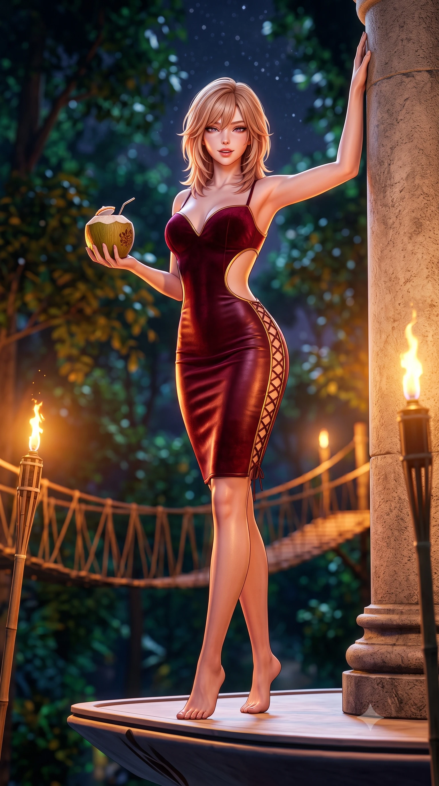 score_9, masterpiece, best quality, ultra-detailed, high-budget anime keyframe, semi-realistic 3D game render, editorial fashion photography, tasteful artistic composition, Japanese woman. low angle full-body shot from head to toe showing her feet, filling the entire 9:16 vertical frame with her statuesque presence, stretching her vertical silhouette. standing tall beside the architectural column, one hand resting high while arching her lower back to emphasize her sculpted feminine hips and slender waist while sitting perched on the edge of the floating platform with legs extended, holding a fresh coconut elixir with an alluring, parted-lip smile. The background shows a soft-focus towering rainforest canopy leaves rustling in night breeze, winding torch-lit bamboo suspension bridges, and starlit sky blurred into deep emerald, amber, and indigo bokeh. She has an absolutely perfect, statuesque 8.5-heads proportion, an exceptionally tall and slender model-like female figure with impossibly long slender legs, an ultra-slim waist, a flat toned midriff, narrow delicate ribcage, and beautifully sculpted feminine hips creating a graceful, slim hourglass silhouette without any bulky heaviness. sharp v-shaped jawline, high-bridge nose, sparkling eyes with hypnotic seductive depth, thick curled eyelashes, glossy parted lips with a natural dewy peach sheen, alluring bedroom-eyes with an enchanting coquettish smile, exuding magnetic siren charisma and sophisticated glamour, flawlessly proportioned anatomical accuracy, strict slender model proportions, natural body alignment, perfectly sculpted long slender limbs, ultra-slim waistline, clean dynamic posture without body distortion. wearing a deep sweetheart-neckline velvet bodycon dress with sheer side-torso cutouts accentuating her hourglass curves in Belle Époque bordeaux and gilded 24k gold, woven from buttery-soft stretch lambskin leather adhering to her body like a second skin, featuring fine criss-cross lace-up side ties revealing tantalizing glimpses of her hip curve, the precision-cut side openings and low-back scoop framing her graceful spine and the sensual sweep of her slim, toned hips. bathed in the rich dynamic golden-orange glow of real outdoor bamboo oil torches combined with celestial starlight. highly saturated vibrant anime colors, detailed shading with soft gradients, rich glossy textures, high-contrast stereoscopic depth, volumetric dynamic lighting, master piece, 9:16 ratio