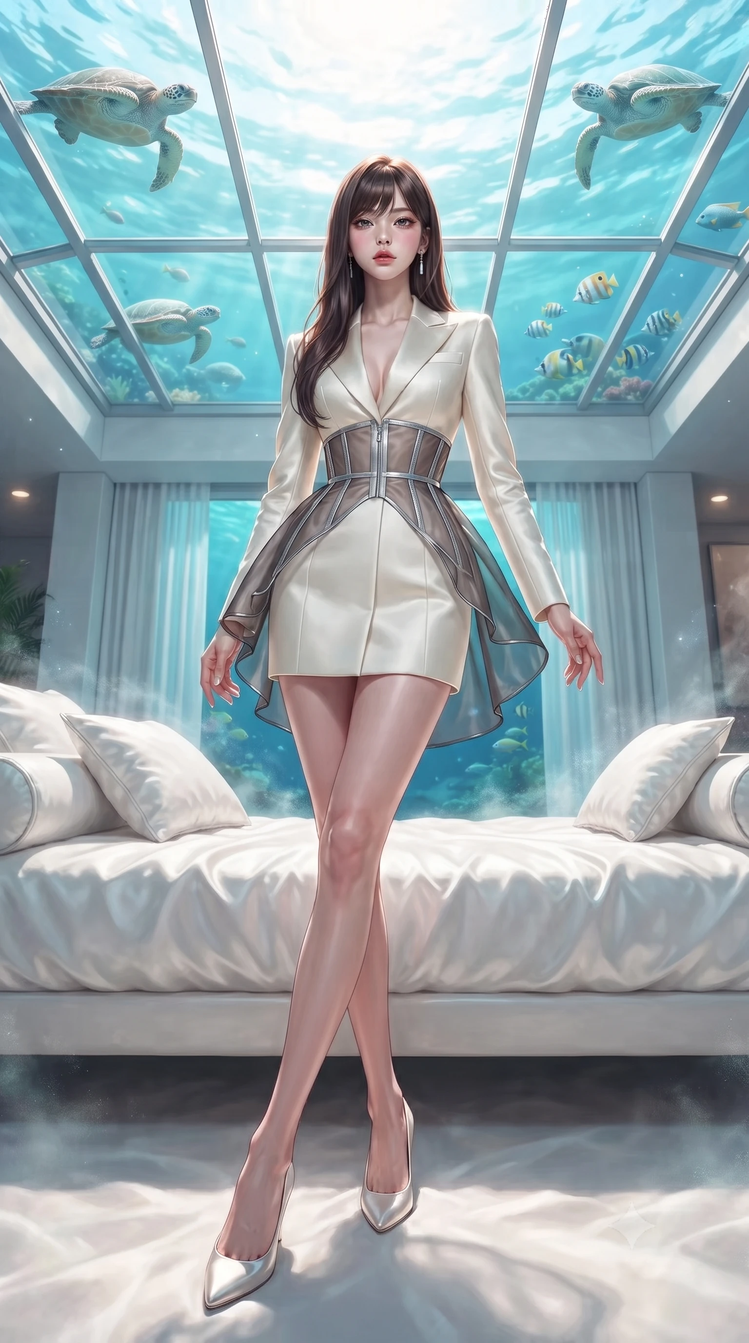 score_9, masterpiece, best quality, ultra-detailed, high-budget anime keyframe, editorial fashion photography, tasteful artistic composition, Korean woman. low angle full-body shot from head to toe showing her feet, filling the entire 9:16 vertical frame with her statuesque presence, stretching her vertical silhouette. forging confidently through the floating mist, holding a poised statuesque stance, lounging on a white silk daybed as sea turtles and tropical fish swim overhead, glass ceiling reflecting bright ocean light in soft-focus pastel spectrums. She has an absolutely perfect, statuesque 8.5-heads proportion, an exceptionally tall and slender model-like female figure with impossibly long slender legs and an ultra-slim waist. sharp v-shaped jawline, high-bridge nose, intricate jewel-like eyes with depth, thick eyelashes, glossy lips with a natural sheen. wearing tailored ivory tux dress with satin lapels and fitted waist in pearl white, made of sheer dark organza overlay, finished with metallic silver boning and sleek zipper points, the fitted fabric emphasizing her ultra-slim waist. bathed in shimmering aqua reflections and warm top sunlight. ultra-reflective glossy finish, specular highlights, metallic sheen, high-contrast stereoscopic depth, volumetric dynamic lighting, 2k, ultra detail, master piece, 9:16 ratio