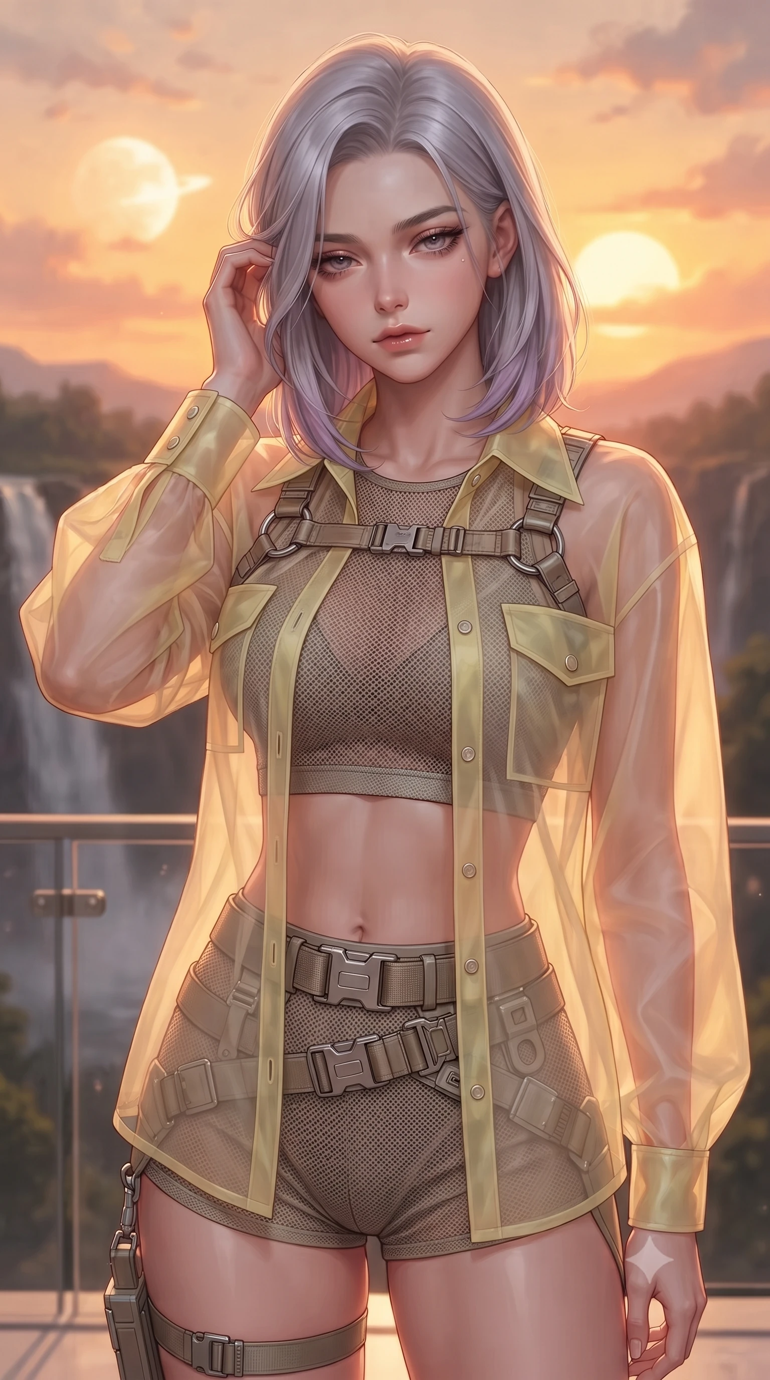 score_9, masterpiece, best quality, ultra-detailed, high-budget anime keyframe, editorial fashion photography, tasteful artistic composition, Caucasian woman. close-up cowboy shot from the waist and thighs up, the character dominates the composition, filling the frame with her large presence, background elements kept in soft focus. gently touching the side of her temple, casting a heavy-lidded, sultry look past the camera, the background shows a soft-focus a waterfall valley balcony with glass railings facing a binary star sunset. She has an exceptionally elegant, slender, and willowy female figure with an ultra-slim waist, a gracefully sculpted slender torso, and a refined silhouette. sharp v-shaped jawline, high-bridge nose, intricate jewel-like eyes with depth, thick eyelashes, glossy lips with a natural sheen. wearing a body-hugging sheer organza combat shirt in pale yellow, worn open over a carbon-mesh crop top and micro-shorts. warm sunset light casting a peaceful, cozy orange wash on her figure. ultra-reflective glossy finish, specular highlights, metallic sheen, high-contrast stereoscopic depth, volumetric dynamic lighting, 2k, ultra detail, master piece, 9:16 ratio