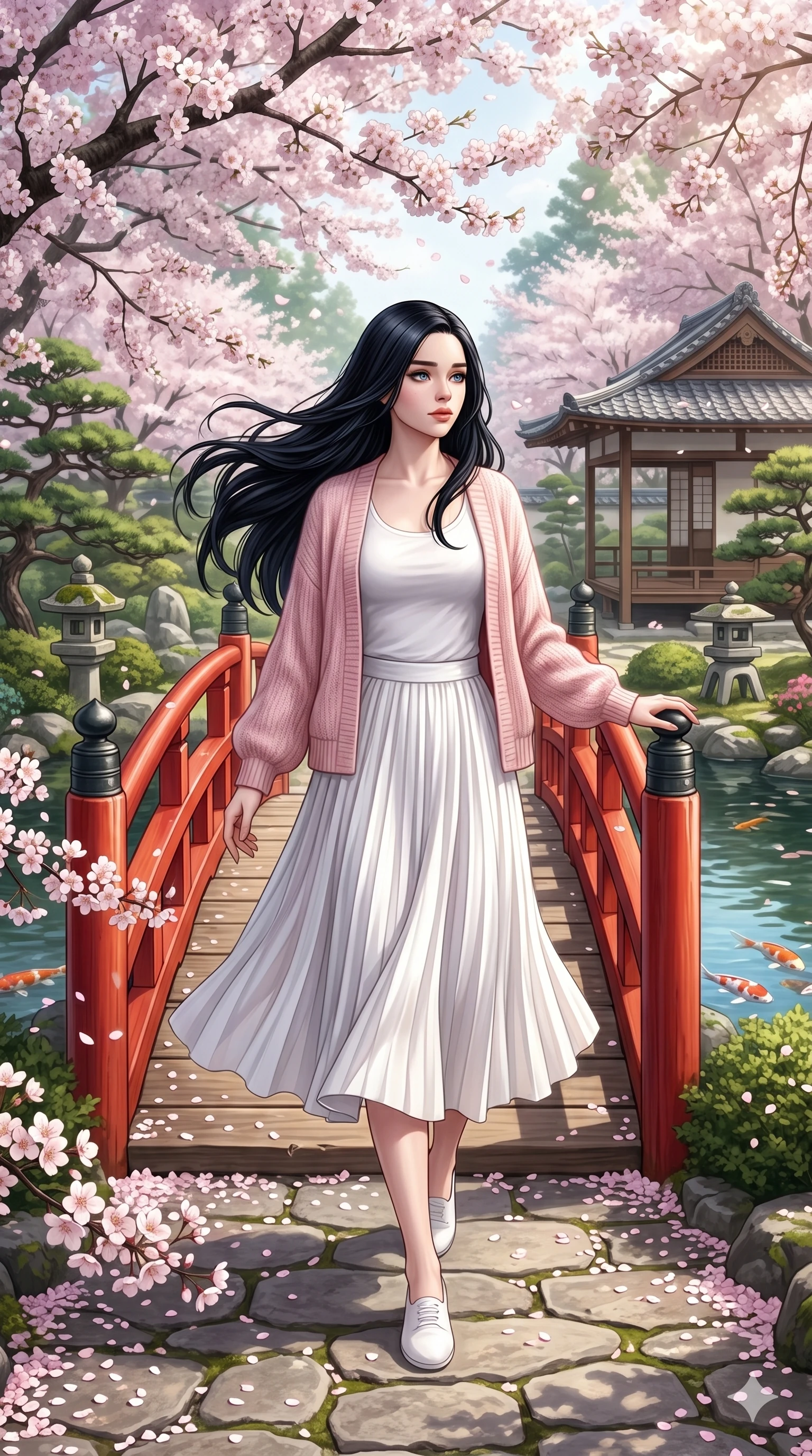 score_9, score_8_up, score_7_up, source_anime, masterpiece, best quality, ultra-detailed, same character with long flowing black hair, wearing a light pink cardigan and a white skirt, full body shot walking through a Japanese garden with a red bridge, blooming cherry blossoms, peaceful and serene, 2k, 9:16 ratio
