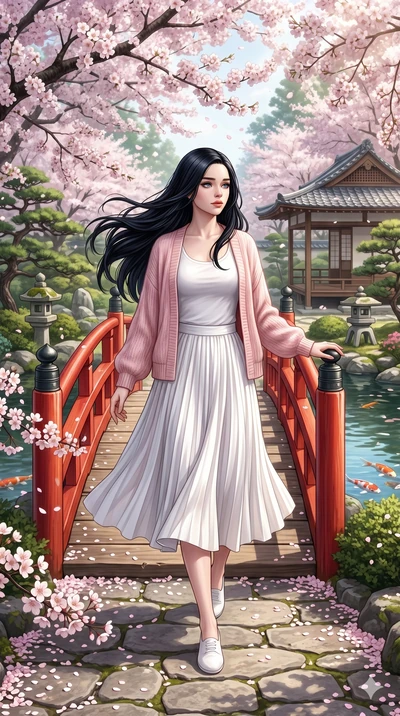 score_9, score_8_up, score_7_up, source_anime, masterpiece, best quality, ultra-detailed, same character with long flowing black hair, wearing a light pink cardigan and a white skirt, full body shot walking through a Japanese garden with a red bridge