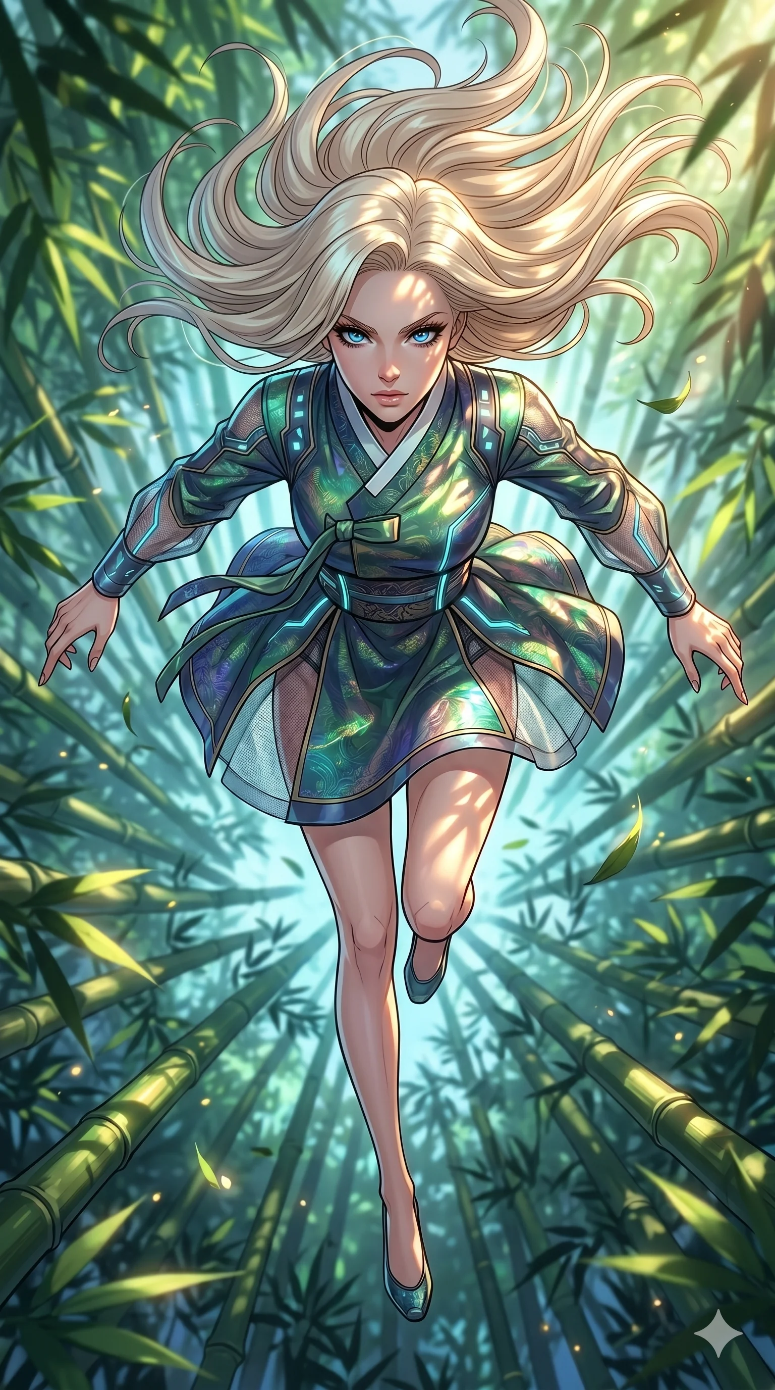 score_9, masterpiece, best quality, ultra-detailed, high-budget anime movie keyframe, cinematic anime lighting, intricate line art, Caucasian (strictly human ears) woman. Extreme high angle shot as she leaps towards the camera, filling the frame. gliding through a forest of bamboo as the sunlight creates a strobe effect. She has an absolutely perfect 8-heads proportion, an exceptionally tall and slender female figure with an ultra-slim waist and impossibly long slender legs. strictly human anatomy, two legs only, no extra limbs, clearly defined legs and arms, perfect anatomy, perfect hands and fingers. sharp v-shaped jawline, high-bridge nose, intricate jewel-like eyes, thick eyelashes, glossy lips. Wearing Modern Traditional: Shortened cyber-hanbok with fusion silk robes and transparent panels. The scene is illuminated by dramatic atmospheric lighting and vibrant color palettes. , 2k, ultra detail, master piece, 9:16 ratio
