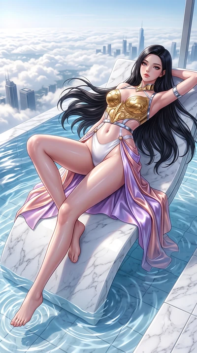 score_9, masterpiece, best quality, ultra-detailed, high-budget anime keyframe, semi-realistic 3D game render, editorial fashion photography, tasteful artistic composition, Korean woman. low angle full-body shot from head to toe showing her feet, fil