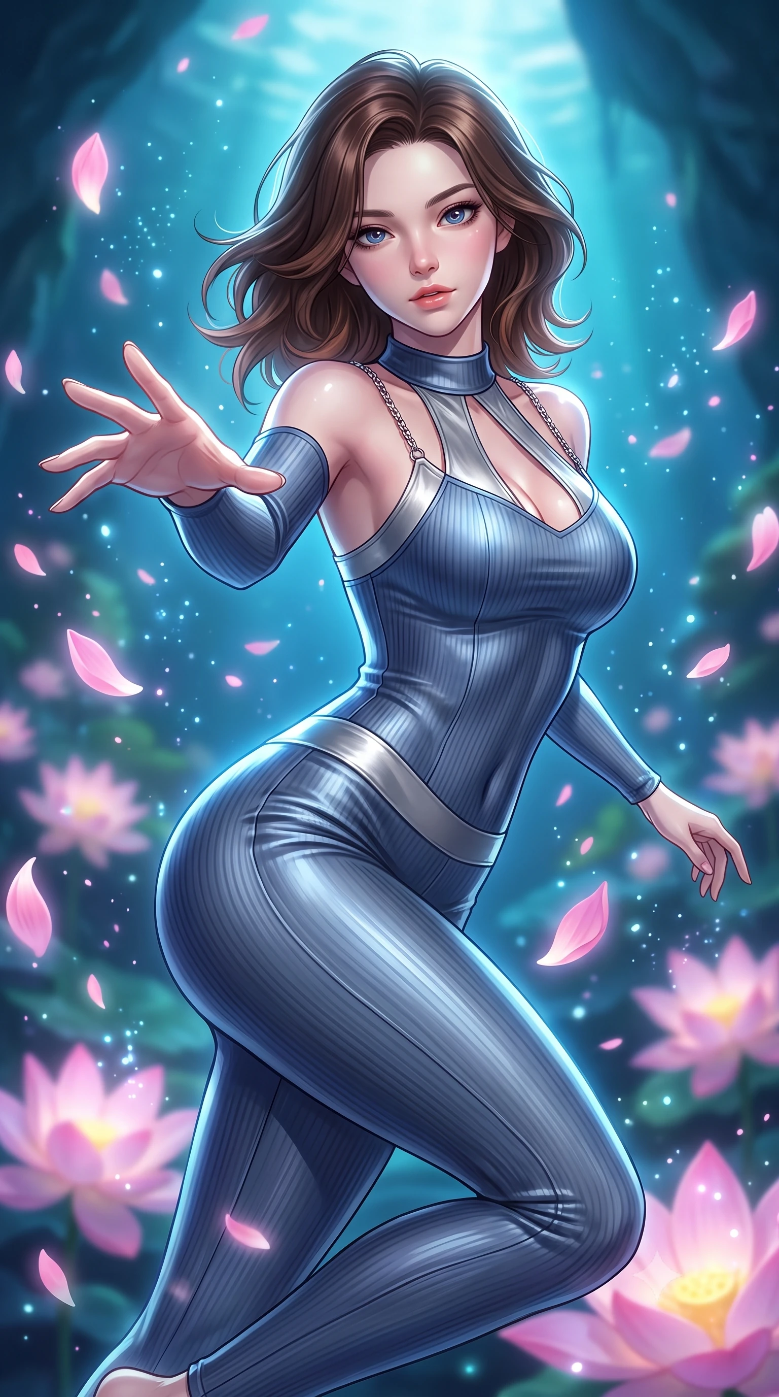 score_9, masterpiece, best quality, ultra-detailed, high-budget anime keyframe, editorial fashion photography, tasteful artistic composition, Korean woman. close-up cowboy shot from the waist and thighs up, the character dominates the composition, filling the frame with her large presence, background elements kept in soft focus. Reaching her hand gracefully toward the camera with magnetic allure, her torso turning in a dynamic S-curve alignment while floating underwater in a dynamic mid-air spin over a glowing lotus reef in a subterranean lagoon, glowing pink lotus petals scattering soft bioluminescent spores around her silhouette. She has an exceptionally elegant, slender, and willowy female figure with an ultra-slim waist, a gracefully sculpted slender torso, and a refined silhouette. sharp v-shaped jawline, high-bridge nose, intricate jewel-like eyes with depth, thick eyelashes, glossy lips with a natural sheen, flawlessly proportioned anatomical accuracy, natural body alignment, perfectly sculpted elegant limbs, clean dynamic posture without body distortion. wearing a form-fitting ribbed activewear set with elegant collar cutouts in slate blue and metallic silver, crafted from lustrous satin jersey with fluid draping, adorned with delicate metallic chain straps along the neckline, the sleek second-skin texture accentuating her magnetic presence. surrounded by a shimmering ocean aura with bright specular rim lights. highly saturated vibrant anime colors, detailed shading with soft gradients, rich glossy textures, high-contrast stereoscopic depth, volumetric dynamic lighting, master piece, 9:16 ratio
