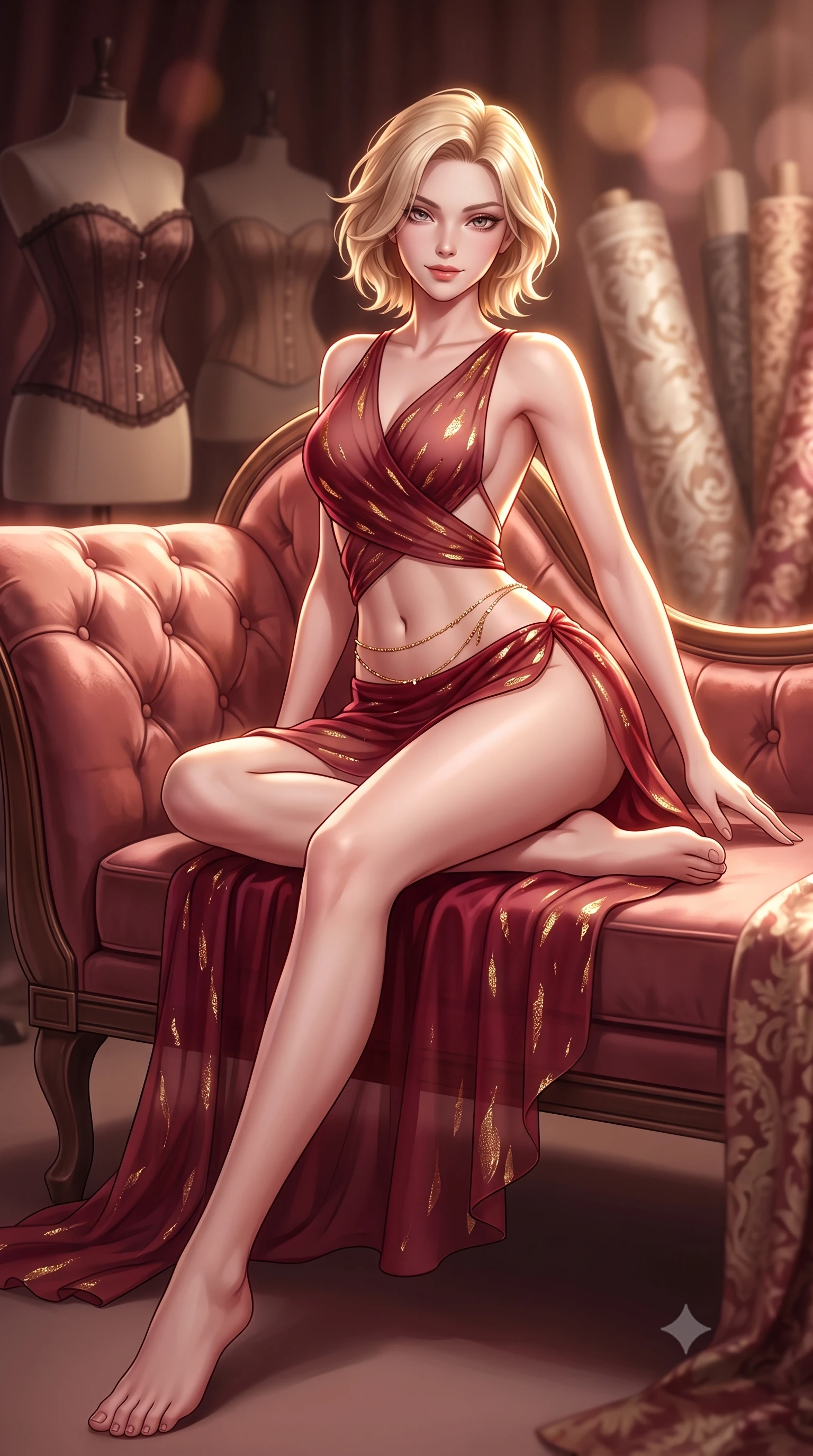 score_9, masterpiece, best quality, ultra-detailed, high-budget anime keyframe, semi-realistic 3D game render, editorial fashion photography, tasteful artistic composition, Caucasian woman. low angle full-body shot from head to toe showing her feet, filling the entire 9:16 vertical frame with her statuesque presence, stretching her vertical silhouette. reclining gracefully across the plush chaise lounge with one leg extended, her sculpted silhouette and flat midriff radiating magnetic nocturnal glamour while twisting her slender torso in an alluring contrapposto stance, sheer silk fabric rolls draping around her narrow waist and curvy hips. The background shows a soft-focus antique mannequin silhouettes wearing Victorian opera corsets and rolls of vintage brocade blurred into mahogany, cream, and rose-gold bokeh. She has an absolutely perfect, statuesque 8.5-heads proportion, an exceptionally tall and slender model-like female figure with impossibly long slender legs, an ultra-slim waist, a flat toned midriff, narrow delicate ribcage, and beautifully sculpted feminine hips creating a graceful, slim hourglass silhouette without any bulky heaviness. sharp v-shaped jawline, high-bridge nose, sparkling eyes with hypnotic seductive depth, thick curled eyelashes, glossy parted lips with a natural dewy peach sheen, alluring bedroom-eyes with an enchanting coquettish smile, exuding magnetic siren charisma and sophisticated glamour, flawlessly proportioned anatomical accuracy, strict slender model proportions, natural body alignment, perfectly sculpted long slender limbs, ultra-slim waistline, clean dynamic posture without body distortion. wearing a delicate sheer gossamer chiffon ballet wrap dress slipping off bare shoulders with a daring hip-high leg slit in royal opera house crimson velvet and shimmering gold leaf, crafted from second-skin technical compression fabric with moisture-wicking stretch, accented with a dainty gold belly chain resting across her flat midriff and curving hips, the precision-cut side openings and low-back scoop framing her graceful spine and the sensual sweep of her slim, toned hips. illuminated by polished table reflection fill and sharp warm-gold rim lights defining her razor-sharp jawline, narrow waist, and curvy hips. highly saturated vibrant anime colors, detailed shading with soft gradients, rich glossy textures, high-contrast stereoscopic depth, volumetric dynamic lighting, master piece, 9:16 ratio