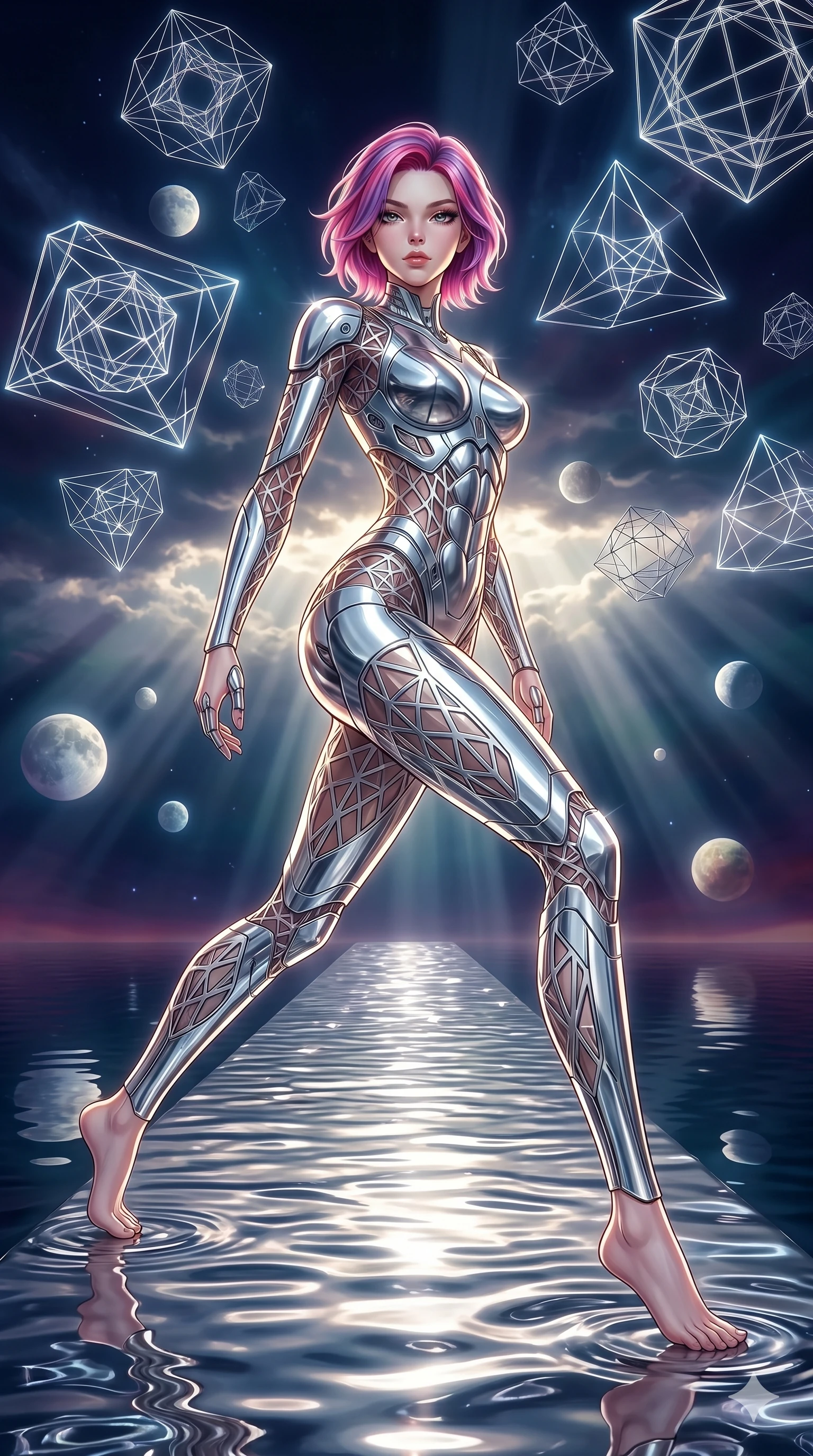 score_9, masterpiece, best quality, ultra-detailed, high-budget anime keyframe, editorial fashion photography, tasteful artistic composition, Caucasian woman, strictly human ears. low angle full-body shot from head to toe showing her feet, filling the entire 9:16 vertical frame with her statuesque presence, stretching her vertical silhouette. lunging forward near on a runway of liquid mercury reflecting a sky filled with multiple moons while floating geometrical wireframes rotate and pulse in synch. She has an absolutely perfect 8-heads proportion, an exceptionally tall and slender female figure with impossibly long slender legs and an ultra-slim waist. V-shaped jawline, high-bridge nose, intricate jewel-like eyes with depth, thick eyelashes, glossy lips with a natural sheen.. wearing a bionic chrome plate bodysuit, featuring silver chrome plates covering the torso and hips, connected by opaque geometric lattice panels. bathed in dramatic god rays filtering through clouds with high specular highlights along her silhouette. 2k, ultra detail, master piece, 9:16 ratio