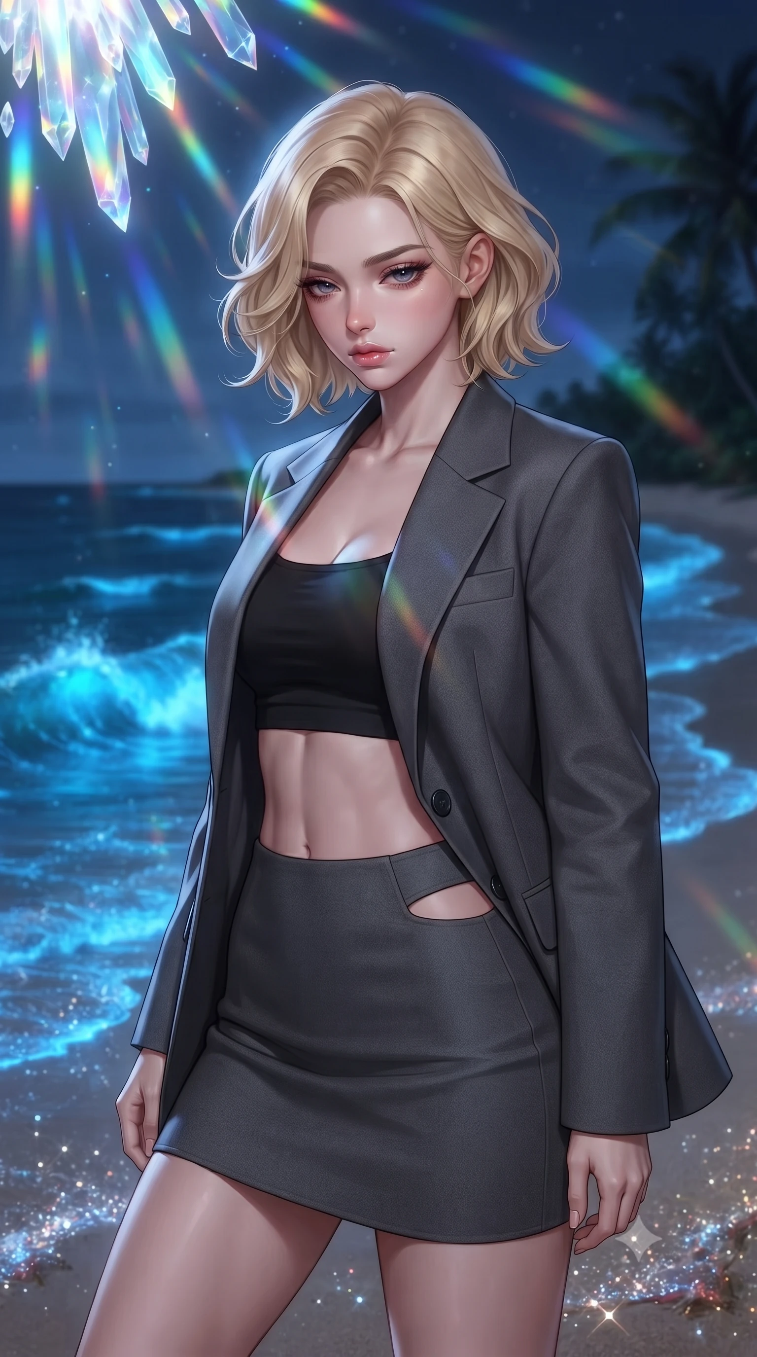 score_9, masterpiece, best quality, ultra-detailed, high-budget anime keyframe, editorial fashion photography, tasteful artistic composition, Caucasian woman, strictly human ears. close-up cowboy shot from the waist and thighs up, the character dominates the composition, filling the frame with her large presence, background elements kept in soft focus. Looking down with lowered lashes and a composed powerful expression. set against a soft-focus background of a tropical beach at midnight where every breaking wave crest glows with intense electric blue bioluminescence the wet sand sparkling with disturbed dinoflagellates and the dark ocean pulsing with underwater light. She has an exceptionally elegant and slender, willowy female figure with an ultra-slim waist, a gracefully sculpted slender torso, and a refined slim physique. sharp v-shaped jawline, high-bridge nose, intricate jewel-like eyes with depth, thick eyelashes, glossy lips with a natural sheen. wearing a structured blazer in charcoal grey worn open over a black crop top and matching mini skirt with side cutout. cascading rainbow prismatic light refracting through crystal formations overhead. 2k, ultra detail, master piece, 9:16 ratio
