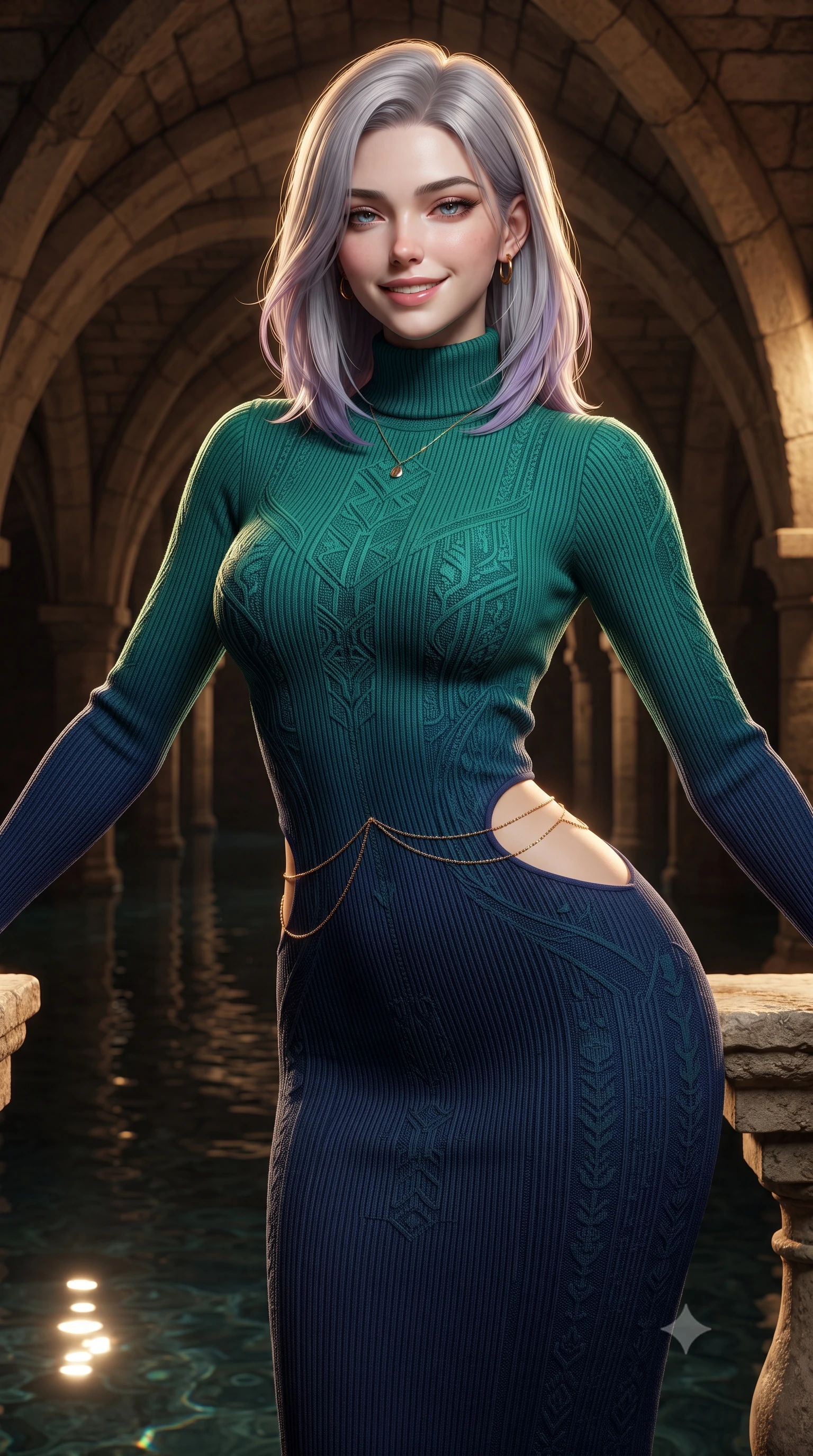 score_9, masterpiece, best quality, ultra-detailed, high-budget anime keyframe, editorial fashion photography, tasteful artistic composition, Caucasian woman. close-up cowboy shot from the waist and thighs up, the character dominates the composition, filling the frame with her large presence. leaning back against the balustrade with relaxed seductive grace, head tilted back slightly while casting a hypnotic, heavy-lidded gaze while leaning against the ancient limestone vault pier with hips cocked back, looking down the subterranean perspective of arches with intoxicating bedroom-eyes. The surrounding environment is rendered in vivid detail and crisp panoramic clarity: sharp rough-hewn sandstone vault ribs, perfectly still water surface reflections, and historic masonry joints in deep focus. She has an exceptionally elegant, slender, and willowy female figure with an ultra-slim waist, flat toned midriff, narrow ribcage, and sculpted feminine hips creating an alluring, slim hourglass silhouette without bulk. sharp v-shaped jawline, high-bridge nose, intricate jewel-like sparkling eyes with depth, thick eyelashes, glossy parted lips with a natural peach sheen, bright cheerful beaming smile with an enchanting and coquettish sensual glint, exuding both youthful cute charm and seductive allure, flawlessly proportioned anatomical accuracy, strict slender model proportions, natural body alignment, perfectly sculpted long slender limbs, ultra-slim waistline, clean dynamic posture without body distortion. wearing an ultra-sleek Icelandic thermal ribbed knit turtleneck midi dress hugging every contour of her hourglass frame in Lake Tegernsee emerald glass and royal Bavarian navy, made of fluid liquid jersey with seamless sculpting hold and smooth contours, accented with a dainty gold belly chain resting across her flat midriff and curving hips, the second-skin tailored fabric adhering flawlessly to her sculpted flat midriff and slender torso, emphasizing her long leg lines and perfectly proportioned willowy build. illuminated by still pool specular bounce and sharp honey-gold rim lights defining her dewy collarbones, ultra-slim waist, and curvy hips. ultra-reflective glossy finish, specular highlights, rich textural contrasts, high-contrast stereoscopic depth, volumetric dynamic lighting, 2k, ultra detail, master piece, 9:16 ratio