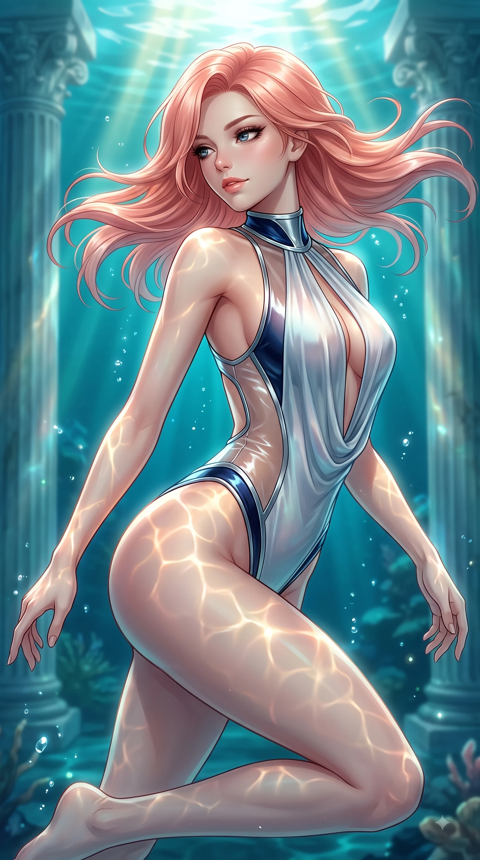 score_9, masterpiece, best quality, ultra-detailed, high-budget anime keyframe, editorial fashion photography, tasteful artistic composition, Japanese woman. close-up cowboy shot from the waist and thighs up, the character dominates the composition, filling the frame with her large presence, background elements kept in soft focus. Casting a seductive sidelong gaze over her bare shoulder with heavy lashes and a composed half-smile while swimming gracefully in an alluring underwater pose through a sunken marble colonnade, golden sunbeams penetrating deep turquoise water creating caustic light ripples across her skin. She has an exceptionally elegant, slender, and willowy female figure with an ultra-slim waist, a gracefully sculpted slender torso, and a refined silhouette. sharp v-shaped jawline, high-bridge nose, intricate jewel-like eyes with depth, thick eyelashes, glossy lips with a natural sheen, flawlessly proportioned anatomical accuracy, natural body alignment, perfectly sculpted elegant limbs, clean dynamic posture without body distortion. wearing a high-cut translucent vinyl leotard with front paneling and open back in midnight navy blue and chrome trim, crafted from smooth liquid silk, accented with a Tasteful chest slit framing her clavicle gracefully, the elegant draped fit framing her graceful clavicle and slender torso. surrounded by a shimmering ocean aura with bright pearl-white specular rim lights. highly saturated vibrant anime colors, detailed shading with soft gradients, rich glossy textures, high-contrast stereoscopic depth, volumetric dynamic lighting, master piece, 9:16 ratio