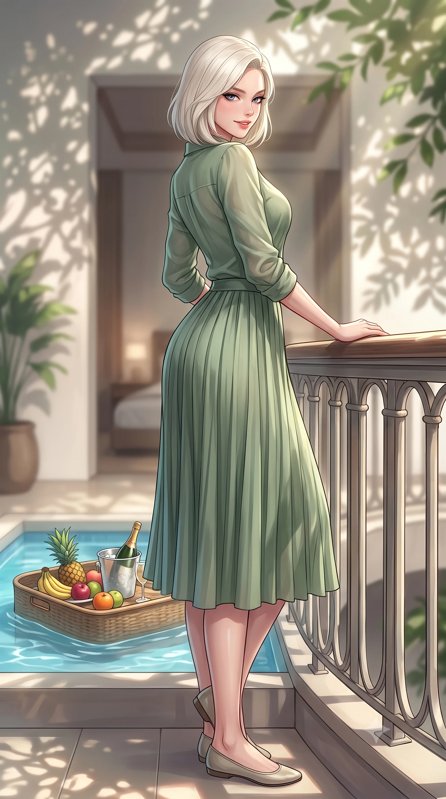 score_9, masterpiece, best quality, ultra-detailed, high-budget anime keyframe, editorial fashion photography, tasteful artistic composition, Caucasian woman. low angle full-body shot from head to toe showing her feet, filling the entire 9:16 vertical frame with her statuesque presence, stretching her vertical silhouette. leaning gracefully against the balcony railing with an alluring smile, casting a smoldering side-glance over her bare shoulder set against a soft-focus background of inside an exclusive vanity suite with a floating pool tray of tropical fruits and chilled wine in soft focus. She has an absolutely perfect, statuesque 8.5-heads proportion, an exceptionally tall and slender model-like female figure with impossibly long slender legs and an ultra-slim waist. sharp v-shaped jawline, high-bridge nose, intricate jewel-like eyes with depth, thick eyelashes, glossy lips with a natural sheen. wearing form-contouring sage green semi-opaque chiffon casual linen button-down shirt paired with a flowy pleated midi skirt featuring refined tailored seams. highlighted by dappled sunlight filtering through leafy branches, creating soft organic patterns. highly saturated vibrant anime colors, detailed shading with soft gradients, rich glossy textures, high-contrast stereoscopic depth, volumetric dynamic lighting, master piece, 9:16 ratio