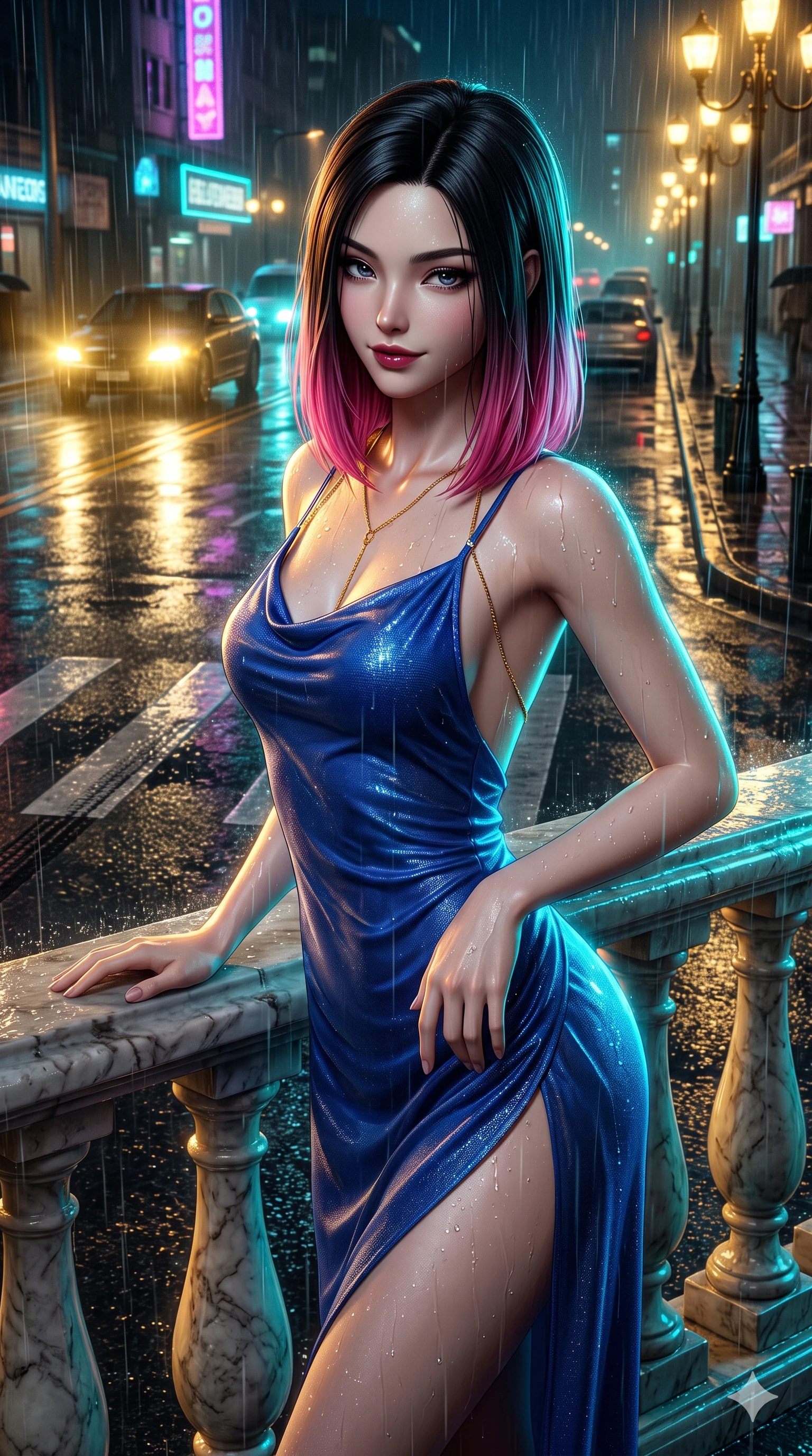 score_9, masterpiece, best quality, ultra-detailed, high-budget anime keyframe, semi-realistic 3D game render, editorial fashion photography, tasteful artistic composition, Korean woman. close-up cowboy shot from the waist and thighs up, the character dominates the composition, filling the frame with her large presence. resting one elbow on the marble balustrade while arching her spine with dancer poise, her dark bedroom-eyes casting a magnetic sidelong glance while twisting her slender torso in an alluring S-curve beneath the neon glare, wet fabric clinging to her flat midriff and hourglass curves. The surrounding environment is rendered in vivid detail and crisp panoramic clarity: sharp painted crosswalk line edges, wet tire track texture on asphalt, and rain streaks falling through headlight beams in deep focus. She has an exceptionally elegant, slender, and willowy female figure with an ultra-slim waist, flat toned midriff, narrow ribcage, and sculpted feminine hips creating an alluring, slim hourglass silhouette without bulk. sharp v-shaped jawline, high-bridge nose, intricate jewel-like dark sparkling eyes with dangerous depth, thick curled eyelashes, glossy parted lips with a rich wine sheen, smoldering seductive half-smile with bedroom-eyes, exuding effortless superiority and intoxicating dark allure, flawlessly proportioned anatomical accuracy, strict slender model proportions, natural body alignment, perfectly sculpted long slender limbs, ultra-slim waistline, clean dynamic posture without body distortion. wearing a form-contouring gossamer silk chiffon slip dress with a hip-high slit and open cowl back clinging with rain-dew in cobalt blue floodlights and warm golden promenade streetlights, woven from metallic lurex thread casting subtle starlight glints across the fabric, accented with a gold body chain harness subtly framing her dewy collarbones and spine, the high-slit wrap tailoring accentuating her ultra-slim waistline and the enchanting curve of her feminine hips with alluring seductive charm. illuminated by mirror-wet road surface bounce and sharp electric-cyan rim lights defining her razor-sharp jawline, narrow waist, and curvy hips. highly saturated vibrant anime colors, detailed shading with soft gradients, rich glossy textures, high-contrast stereoscopic depth, volumetric dynamic lighting, master piece, 9:16 ratio