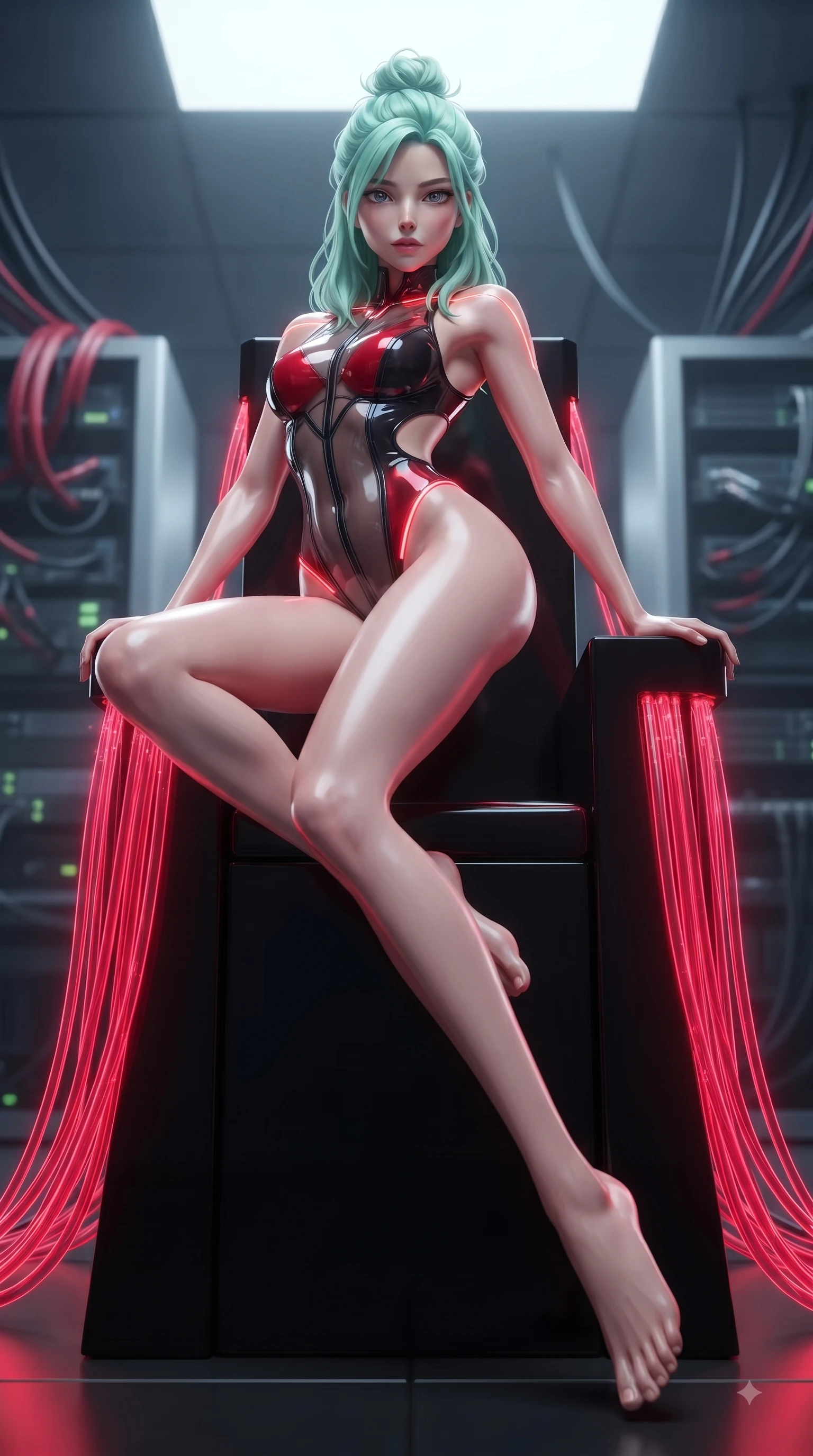 score_9, masterpiece, best quality, ultra-detailed, high-budget anime keyframe, editorial fashion photography, tasteful artistic composition, Japanese woman. low angle full-body shot from head to toe showing her feet, filling the entire 9:16 vertical frame with her statuesque presence, stretching her vertical silhouette. leaping through mid-air with an athletic yet alluring arch of her spine, her impossibly long slender legs stretched in flawless poise while lounging seductively across an elevated obsidian throne flanked by pulsating crimson fiber-optic cables. The composition keeps background elements in soft focus with creamy bokeh. distant server towers and cable bundles softened in shallow cinematic depth of field. She has an absolutely perfect, statuesque 8.5-heads proportion, an exceptionally tall and slender model-like female figure with impossibly long slender legs and an ultra-slim waist. sharp v-shaped jawline, high-bridge nose, intricate jewel-like eyes with depth, thick eyelashes, glossy lips with a natural sheen, flawlessly proportioned anatomical accuracy, natural body alignment, perfectly sculpted elegant limbs, clean dynamic posture without body distortion. wearing a high-cut translucent vinyl leotard with front paneling, exposed side-rib cutouts, and an open back in glossy obsidian black and radiant crimson red, crafted from ultra-reflective second-skin latex with a glass-like polish, accented with glowing fiber-optic seams tracing her collarbones and hip curves, the daring cutouts accentuating her delicate midriff, graceful collarbones, and feminine contour. surrounded by a powerful, commanding, and fiercely sensual cybernetic aura. ultra-reflective glossy finish, specular highlights, metallic sheen, high-contrast stereoscopic depth, volumetric dynamic lighting, 2k, ultra detail, master piece, 9:16 ratio