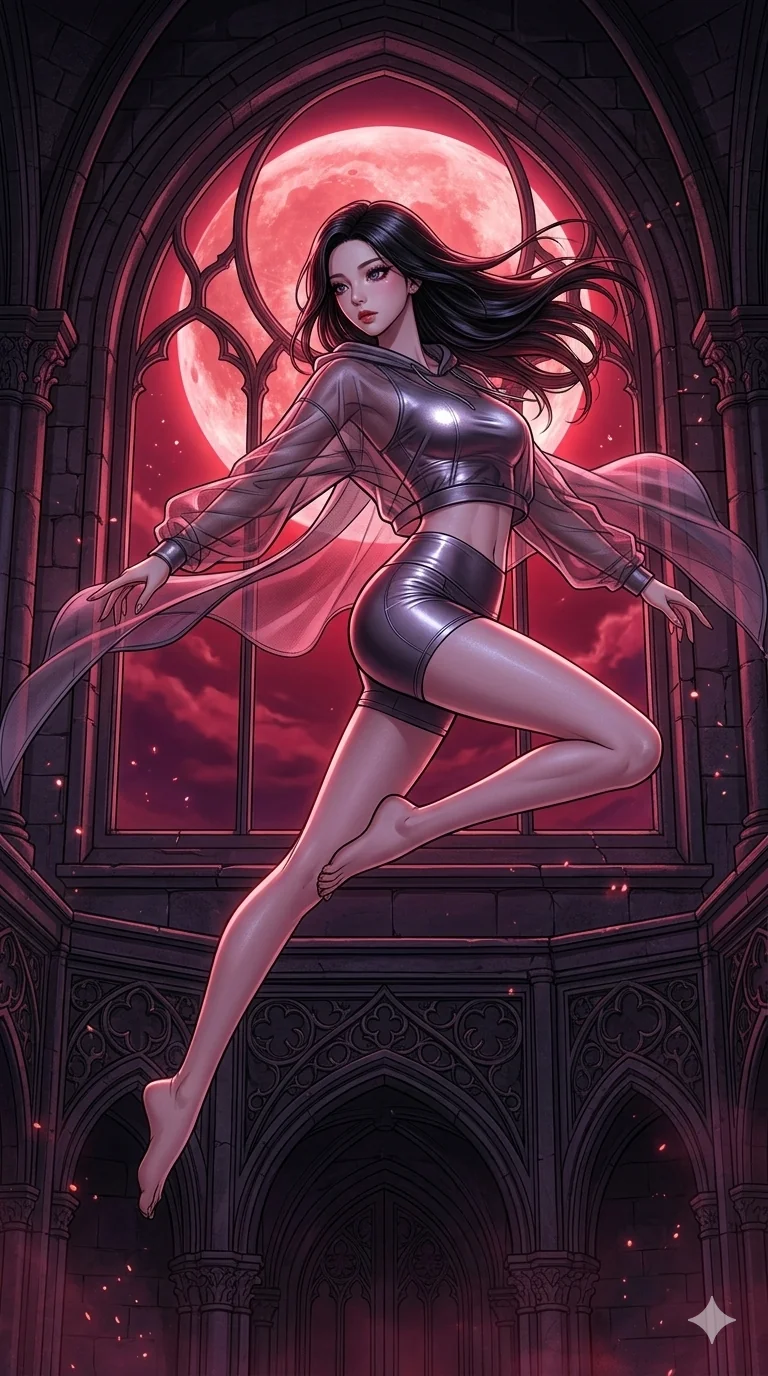 score_9, masterpiece, best quality, ultra-detailed, high-budget anime movie keyframe, cinematic anime lighting, intricate line art, Japanese woman. Dynamic full-body shot stretching the vertical silhouette across the 9:16 frame. leaping gracefully in a gothic obsidian tower under a blood moon. She has an absolutely perfect 8-heads proportion, an exceptionally tall and slender female figure with an ultra-slim waist and impossibly long slender legs. sharp v-shaped jawline, high-bridge nose, intricate jewel-like eyes, thick eyelashes, glossy lips. Wearing premium athleisure set with a metallic-finish compression top, high-cut yoga shorts that accentuate her long legs, and a sheer oversized hoodie. The scene is illuminated by dramatic atmospheric lighting and vibrant color palettes. , 2k, ultra detail, master piece, 9:16 ratio