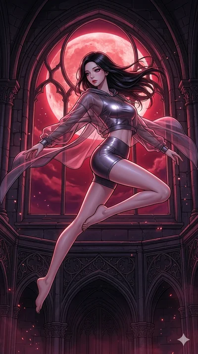 score_9, masterpiece, best quality, ultra-detailed, high-budget anime movie keyframe, cinematic anime lighting, intricate line art, Japanese woman. Dynamic full-body shot stretching the vertical silhouette across the 9:16 frame. leaping gracefully in