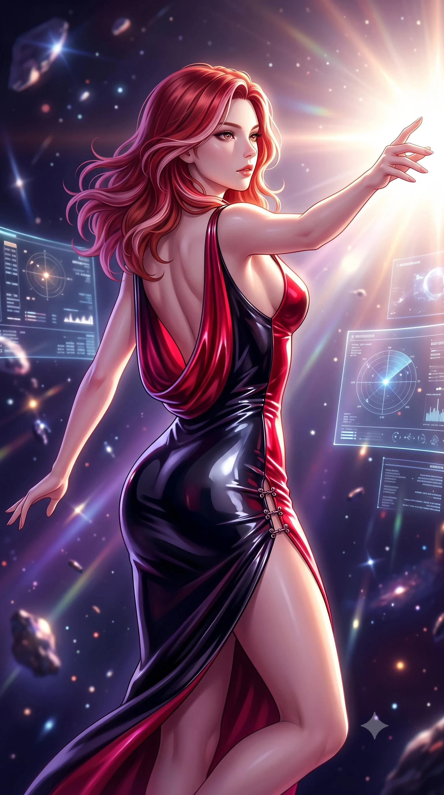 score_9, masterpiece, best quality, ultra-detailed, high-budget anime keyframe, semi-realistic 3D game render, editorial fashion photography, tasteful artistic composition, Caucasian woman. close-up cowboy shot from the waist and thighs up, the character dominates the composition, filling the frame with her large presence. extending one arm gracefully toward the light while her torso arches in a sleek, alluring curve with magnetic intensity while pivoting in zero-gravity amidst floating holographic navigation charts and glowing celestial debris. The composition keeps background elements in soft focus with creamy bokeh. starlight reflections creating dreamy luminous streaks across a deep space backdrop. She has an exceptionally elegant, slender, and willowy female figure with an ultra-slim waist, a gracefully sculpted slender torso, and a refined silhouette. sharp v-shaped jawline, high-bridge nose, intricate jewel-like eyes with depth, thick eyelashes, glossy lips with a natural sheen, flawlessly proportioned anatomical accuracy, natural body alignment, perfectly sculpted elegant limbs, clean dynamic posture without body distortion. wearing a precision-fitted liquid jersey bodycon dress with a dramatic draped cowl back that swoops down to her waist in glossy obsidian black and radiant crimson red, formed from high-gloss patent material with specular light reflections, finished with an ultra-high side slit secured by miniature magnetic clasps, the sleek aerodynamic cut emphasizing her magnetic presence and alluring physical grace. bathed in blinding white and gold supernova celestial radiance with deep cosmic purple shadows. highly saturated vibrant anime colors, detailed shading with soft gradients, rich glossy textures, high-contrast stereoscopic depth, volumetric dynamic lighting, master piece, 9:16 ratio