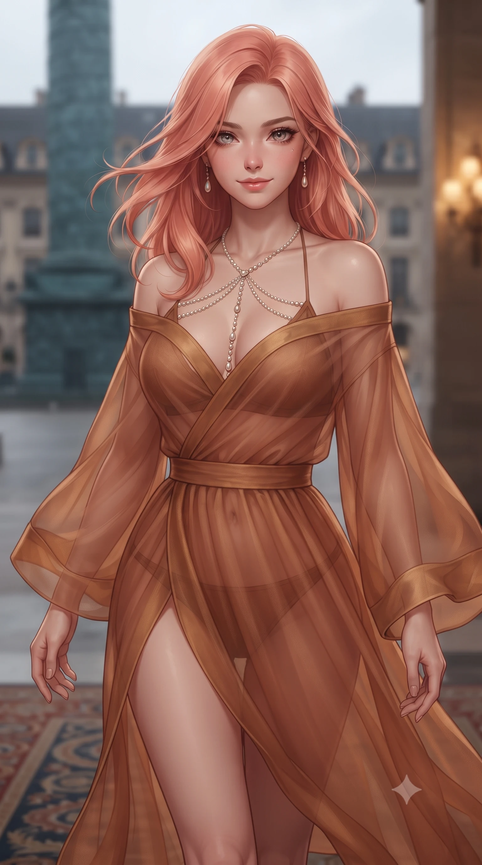 score_9, masterpiece, best quality, ultra-detailed, high-budget anime keyframe, editorial fashion photography, tasteful artistic composition, Japanese woman. close-up cowboy shot from the waist and thighs up, the character dominates the composition, filling the frame with her large presence. turning slowly with an enchanting smoldering smile, her glossy hair tossing in the breeze as her hips angle gracefully in a captivating contrapposto while walking slowly across the Aubusson rug with confident model strides, her sheer lace boudoir robe billowing around her slender legs. The background shows a soft-focus views of Place Vendôme column softened in ultimate Parisian palace hotel shallow focus. She has an exceptionally elegant, slender, and willowy female figure with an ultra-slim waist, flat toned midriff, narrow ribcage, and sculpted feminine hips creating an alluring, slim hourglass silhouette without bulk. sharp v-shaped jawline, high-bridge nose, intricate jewel-like sparkling eyes with depth, thick eyelashes, glossy parted lips with a natural peach sheen, bright cheerful beaming smile with an enchanting and coquettish sensual glint, exuding both youthful cute charm and seductive allure, flawlessly proportioned anatomical accuracy, strict slender model proportions, natural body alignment, perfectly sculpted long slender limbs, ultra-slim waistline, clean dynamic posture without body distortion. wearing a modern sheer organza kimono dress with wide sleeves slipping gracefully off bare shoulders over a fitted bralette in warm cinnamon silk and burnished gold, made of sheer gossamer chiffon that drapes softly against skin with airy translucence, accented with a pearl-drop body harness subtly framing her dewy collarbones and spine, the liquid-tight tailored fabric clinging flawlessly to her narrow waist and rounded feminine hips, emphasizing every millimeter of her sculpted slim hourglass curves without any bulky heaviness. bathed in dim 2700K incandescent chandelier spill and soft gilded wall sconce glows. ultra-reflective glossy finish, specular highlights, rich textural contrasts, high-contrast stereoscopic depth, volumetric dynamic lighting, 2k, ultra detail, master piece, 9:16 ratio