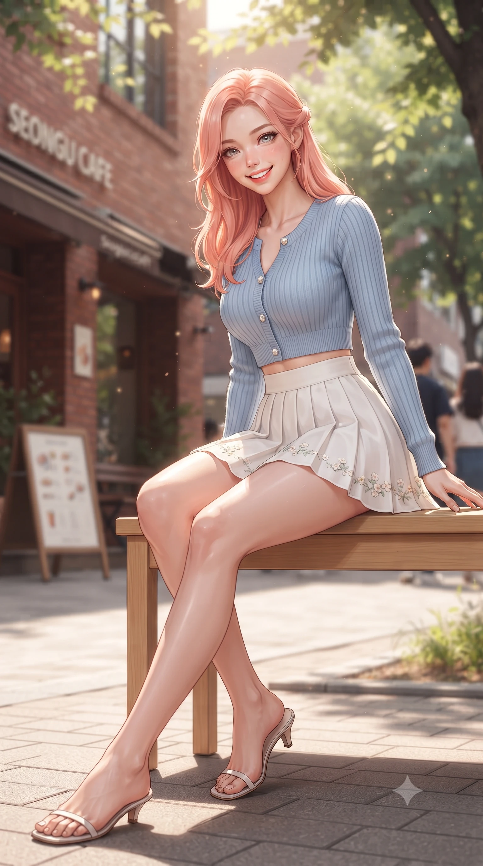 score_9, masterpiece, best quality, ultra-detailed, high-budget anime keyframe, editorial fashion photography, tasteful artistic composition, Japanese woman. low angle full-body shot from head to toe showing her feet, filling the entire 9:16 vertical frame with her statuesque presence, stretching her vertical silhouette. stepping forward gracefully in mid-motion with a radiant beaming smile, hips swaying in an alluring kinetic rhythm that accentuates her curvy hourglass silhouette and long slender legs while sitting gracefully on a light oak outdoor bench outside a red-brick Seongsu cafe, leaning forward with a cheerful beaming smile and playful coquettish eyes. The composition keeps background elements in soft focus with dreamy creamy bokeh. dappled golden morning sunbeams filtering through leafy street trees and trendy boutique facades blurred into warm peach, honey, and emerald bokeh. She has an exceptionally tall and slender model-like 8.5-heads proportion, an ultra-slim waist, a flat toned midriff, narrow delicate ribcage, and beautifully sculpted feminine hips creating a graceful, slim hourglass silhouette without any bulky heaviness, with impossibly long slender legs. sharp v-shaped jawline, high-bridge nose, intricate jewel-like sparkling eyes with depth, thick eyelashes, glossy parted lips with a natural peach sheen, bright cheerful beaming smile with an enchanting and coquettish sensual glint, exuding both youthful cute charm and seductive allure, flawlessly proportioned anatomical accuracy, strict slender model proportions, natural body alignment, perfectly sculpted long slender limbs, ultra-slim waistline, clean dynamic posture without body distortion. wearing a cropped pastel ribbed knit cardigan paired with an ultra-short high-waisted pleated tennis skirt clinging tightly to her curvy hips in pure alabaster white and sun-kissed gold, tailored from fine lightweight chiffon that flutters gently in the breeze, complemented by delicate embroidered floral trim along the hem, the high-waisted tailoring accentuating her ultra-slim waistline and the enchanting curve of her feminine hips with alluring charm. bathed in crisp clear morning key light and soft warm cafe terrace ambient fill. ultra-reflective glossy finish, specular highlights, rich textural contrasts, high-contrast stereoscopic depth, volumetric dynamic lighting, 2k, ultra detail, master piece, 9:16 ratio
