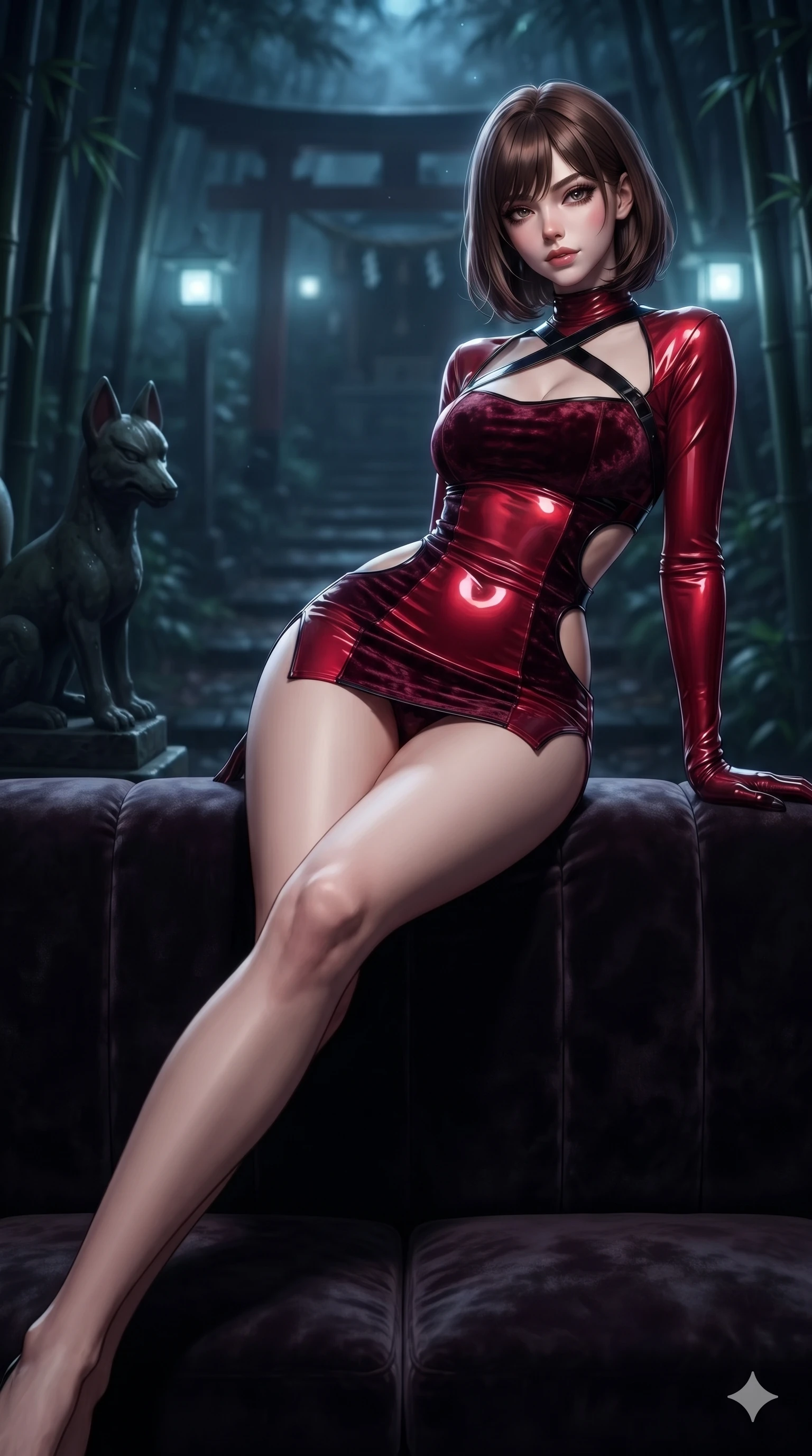 score_9, masterpiece, best quality, ultra-detailed, high-budget anime keyframe, editorial fashion photography, tasteful artistic composition, Caucasian woman. low angle full-body shot from head to toe showing her feet, filling the entire 9:16 vertical frame with her statuesque presence, stretching her vertical silhouette. reclining languidly across the dark velvet banquette with one knee bent and hips angled toward the camera while resting near a dark stone fox statue illuminated by floating spirit lanterns, shadowy bamboo stalks framing the dark path in soft focus. The background shows a soft-focus mystical Japanese forest shrine softened in spiritual nocturnal shallow focus. She has an absolutely perfect, statuesque 8.5-heads proportion, an exceptionally tall and slender model-like female figure with impossibly long slender legs, an ultra-slim waist, a flat toned midriff, narrow delicate ribcage, and beautifully sculpted feminine hips creating a graceful, slim hourglass silhouette without any bulky heaviness. sharp v-shaped jawline, high-bridge nose, intricate jewel-like dark sparkling eyes with hypnotic seductive depth, thick curled eyelashes, glossy parted lips with a natural wine sheen, alluring bedroom-eyes with an enigmatic smoldering smile, exuding magnetic sovereign charisma and dark avant-garde glamour, flawlessly proportioned anatomical accuracy, strict slender model proportions, natural body alignment, perfectly sculpted long slender limbs, ultra-slim waistline, clean dynamic posture without body distortion. wearing a liquid-look wet vinyl micro-mini dress clinging like a second skin with hip-high side cutouts in crimson laser red and cold midnight shadow tones, tailored from crushed dark velvet with deep light-absorbing plush texture, featuring an open-back criss-cross harness strap in patent black leather, the glove-like silhouette tightly following the natural contour of her hips and long slender legs with youthful 8.5-heads elegance. illuminated by spirit lantern cold ground bounce and sharp silver-cyan rim lights defining her razor-sharp jawline, narrow waist, and curvy hips. ultra-reflective glossy finish, specular highlights, metallic sheen, high-contrast stereoscopic depth, volumetric dynamic lighting, 2k, ultra detail, master piece, 9:16 ratio
