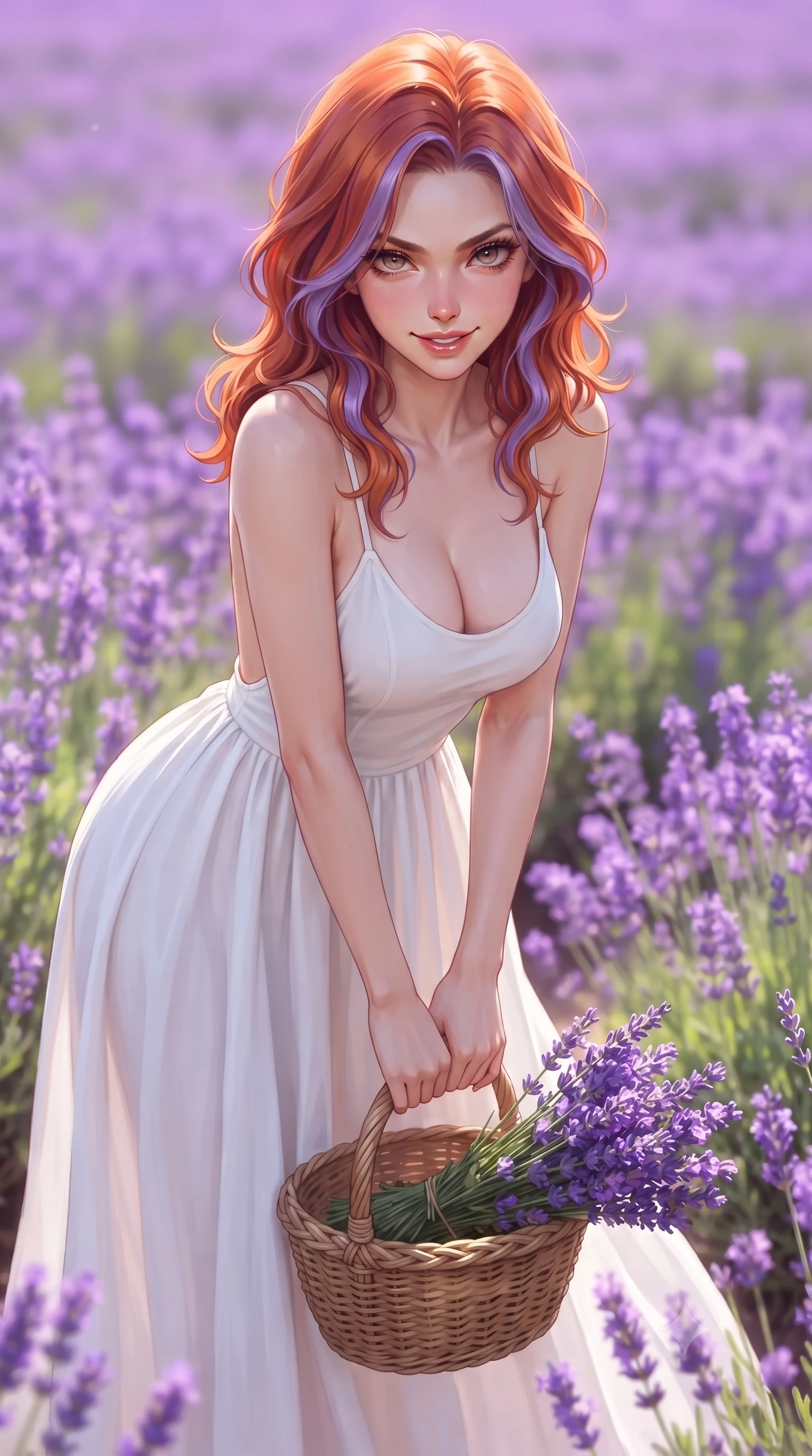 score_9, masterpiece, best quality, ultra-detailed, high-budget anime keyframe, editorial fashion photography, tasteful artistic composition, Caucasian woman. close-up cowboy shot from the waist and thighs up, the character dominates the composition, filling the frame with her large presence, background elements kept in soft focus. leaning slightly forward with a playful, sultry smile that holds direct, intense eye contact set against a soft-focus background of surrounded by a beautiful purple meadow of blooming wild lavender carrying a woven basket filled with freshly picked lavender stems. She has an exceptionally elegant, slender, and willowy female figure with an ultra-slim waist, a gracefully sculpted slender torso, and a refined silhouette. sharp v-shaped jawline, high-bridge nose, intricate jewel-like eyes with depth, thick eyelashes, glossy lips with a natural sheen. wearing form-contouring backless cotton sundress in white, featuring delicate straps and a long flowing skirt. bright midday sun rays highlighting the vibrant colors of the flowers. ultra-reflective glossy finish, specular highlights, metallic sheen, high-contrast stereoscopic depth, volumetric dynamic lighting, 2k, ultra detail, master piece, 9:16 ratio
