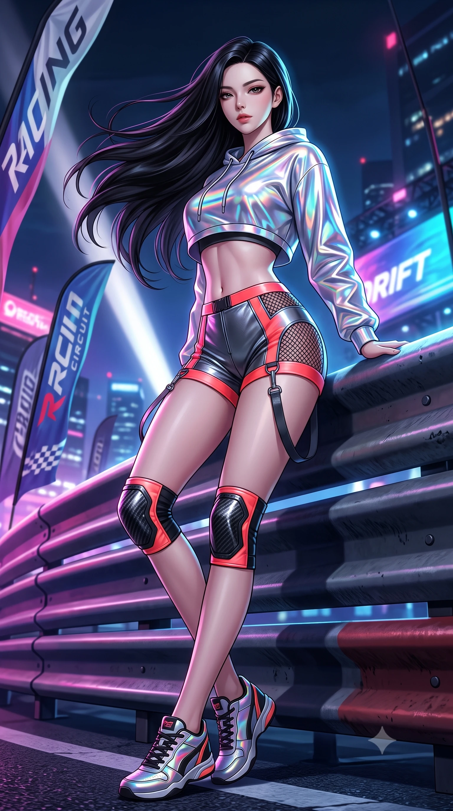 score_9, masterpiece, best quality, ultra-detailed, high-budget anime keyframe, semi-realistic 3D game render, editorial fashion photography, tasteful artistic composition, Korean woman. low angle full-body shot from head to toe showing her feet, filling the entire 9:16 vertical frame with her statuesque presence, stretching her vertical silhouette. pivoting dynamically with supreme athletic balance, her impossibly long slender legs and ultra-slim waist creating a mesmerizing vertical line while leaning against a heavy track barrier, tossing her hair over one shoulder as wind whips the racing circuit banners. The surrounding environment is rendered in vivid detail and crisp panoramic clarity. intense neon-noir chiaroscuro and exhilarating urban drift culture aesthetics rendered with precision. She has an absolutely perfect, statuesque 8.5-heads proportion, an exceptionally tall and slender model-like female figure with impossibly long slender legs, a toned flat midriff, and an ultra-slim waist. sharp v-shaped jawline, high-bridge nose, intricate jewel-like eyes with depth, thick eyelashes, glossy parted lips with a natural sheen, intensely captivating and seductive expression, flawlessly proportioned anatomical accuracy, strict slender model proportions, natural body alignment, perfectly sculpted long slender limbs, ultra-slim waistline, clean dynamic posture without body distortion. wearing a holographic silver crop hoodie paired with high-waisted racing shorts and fishnet accents in metallic gunmetal and blazing neon coral, tailored from abrasion-resistant Kevlar weave with glossy protective panels, accented with hanging industrial clip straps and carbon fiber knee sliders, the precision-cut daring openings accentuating her delicate midriff, graceful bare collarbones, and ultra-slim feminine waistline. bathed in dynamic color-shifting LED race lights and sweeping white spotlight fill. highly saturated vibrant anime colors, detailed shading with soft gradients, rich glossy textures, high-contrast stereoscopic depth, volumetric dynamic lighting, master piece, 9:16 ratio