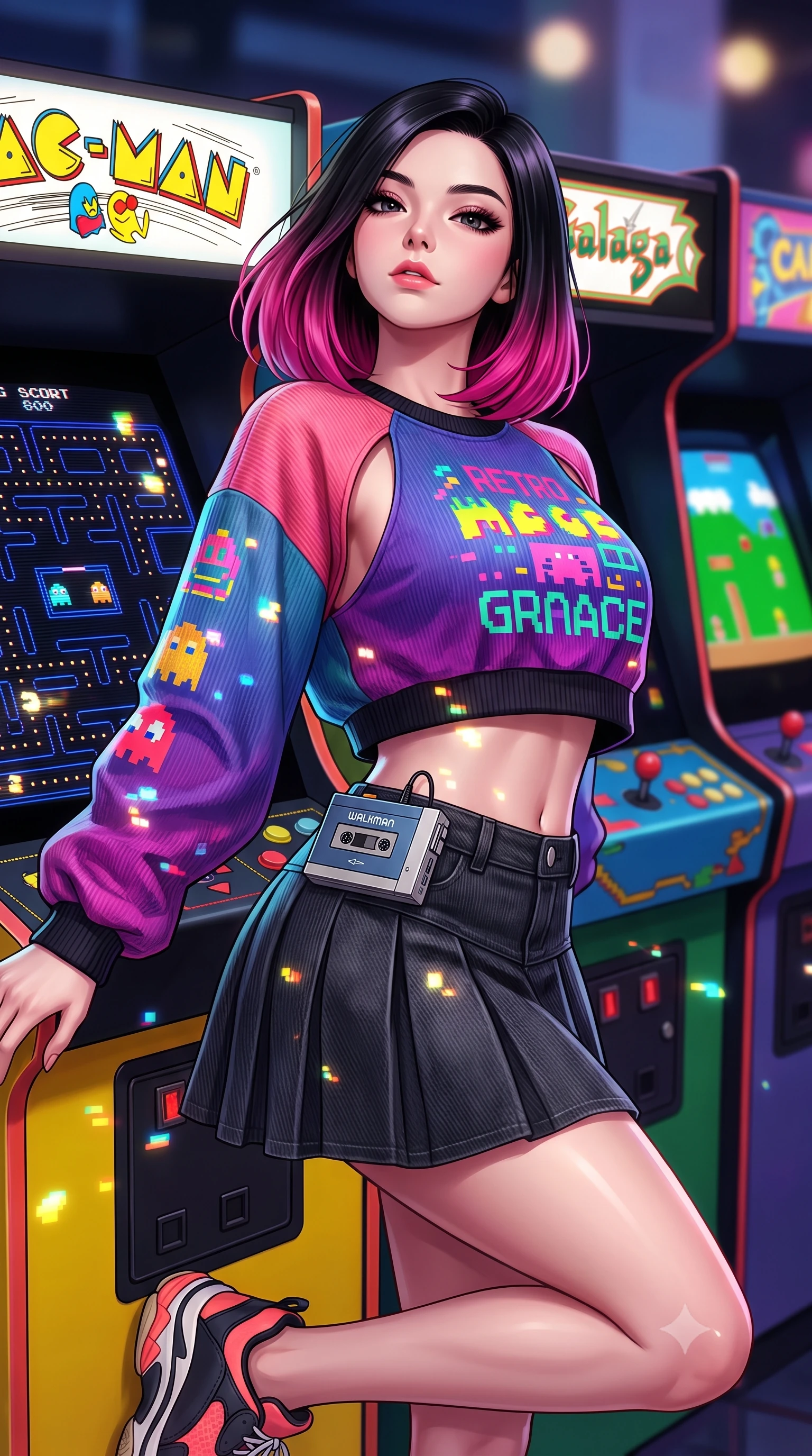 score_9, masterpiece, best quality, ultra-detailed, high-budget anime keyframe, semi-realistic 3D game render, editorial fashion photography, tasteful artistic composition, Korean woman. close-up cowboy shot from the waist and thighs up, the character dominates the composition, filling the frame with her large presence. tilting her chin up with proud, sovereign confidence while gazing directly into the lens with thick, dark eyelashes while pivoting dynamically between colorful arcade cabinets as 8-bit CRT screens flash vibrant pixel art across her stylish outfit. The composition keeps background elements in soft focus with creamy bokeh. flickering coin-slot lights and pixel scanline glints scattering vibrant nostalgic light motes. She has an exceptionally elegant, slender, and willowy female figure with an ultra-slim waist, a gracefully sculpted slender torso, toned flat midriff, and a refined slim silhouette. sharp v-shaped jawline, high-bridge nose, intricate jewel-like eyes with depth, thick eyelashes, glossy lips with a natural sheen, captivating and magnetic expression, flawlessly proportioned anatomical accuracy, strict slender model proportions, natural body alignment, perfectly sculpted long slender limbs, ultra-slim waistline, clean dynamic posture without body distortion. wearing a vibrant retro graphic oversized sweatshirt paired with a pleated tennis skirt and chunky sneakers in retro neon coral and washed black denim, tailored from soft fine-wale corduroy with rich velvety texture, accessorized with a vintage portable cassette Walkman clipped to her waistband, the precision-cut daring openings accentuating her delicate midriff, graceful bare collarbones, and ultra-slim feminine waistline. surrounded by a playful, energetic, and delightfully charming 80s arcade sweetheart aura. highly saturated vibrant anime colors, detailed shading with soft gradients, rich glossy textures, high-contrast stereoscopic depth, volumetric dynamic lighting, master piece, 9:16 ratio