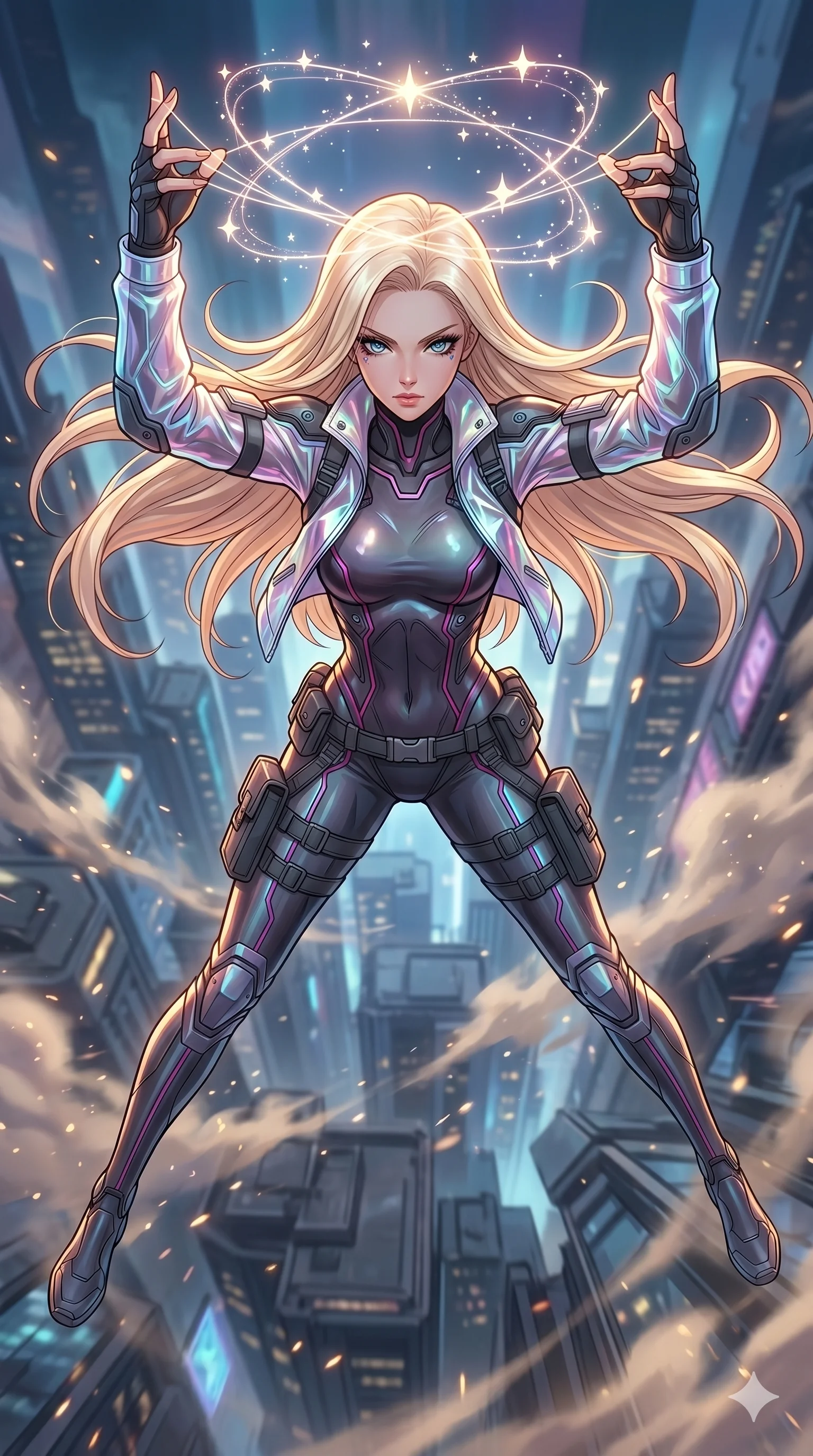 score_9, masterpiece, best quality, ultra-detailed, high-budget anime movie keyframe, cinematic anime lighting, intricate line art, Japanese anime girl. Extreme high angle shot as she leaps towards the camera, filling the frame. weaving a crown of stars that floats above her head. She has an absolutely perfect 8-heads proportion, an exceptionally tall and slender female figure with an ultra-slim waist and impossibly long slender legs. strictly human anatomy, two legs only, no extra limbs, clearly defined legs and arms, perfect anatomy, perfect hands and fingers. sharp v-shaped jawline, high-bridge nose, intricate jewel-like eyes, thick eyelashes, glossy lips. Wearing Tech-Fantasy: Cybernetic tech-suit with glowing seams, translucent PVC over leotard, and modular tactical gear. The scene is illuminated by dramatic atmospheric lighting and vibrant color palettes. , 2k, ultra detail, master piece, 9:16 ratio