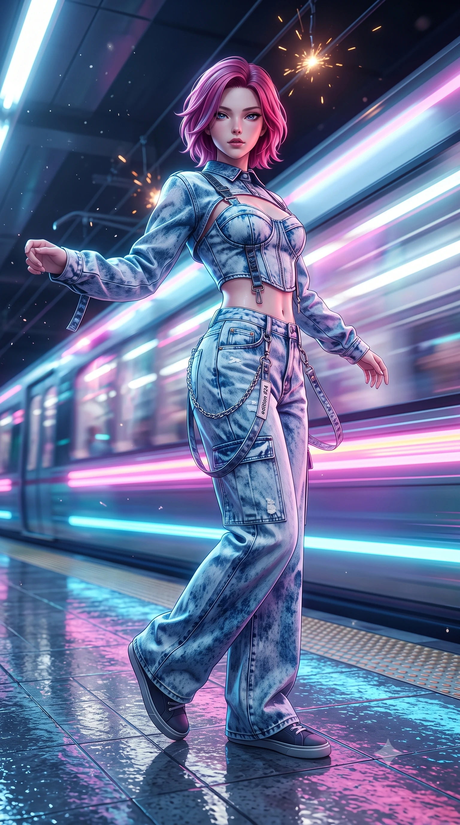 score_9, masterpiece, best quality, ultra-detailed, high-budget anime keyframe, semi-realistic 3D game render, editorial fashion photography, tasteful artistic composition, Caucasian woman. low angle full-body shot from head to toe showing her feet, filling the entire 9:16 vertical frame with her statuesque presence, stretching her vertical silhouette. executing an elegant mid-motion spin with effortless grace, her garments fluttering softly around her ultra-slim waistline while pivoting sharply on the wet tiled subway platform as an incoming neon-lit maglev train rushes past in a blur of light. The composition keeps background elements in soft focus with creamy bokeh. sparks from overhead power rails and floating dust particles catching neon light motes. She has an absolutely perfect, statuesque 8.5-heads proportion, an exceptionally tall and slender model-like female figure with impossibly long slender legs, a toned flat midriff, and an ultra-slim waist. sharp v-shaped jawline, high-bridge nose, intricate jewel-like eyes with depth, thick eyelashes, glossy lips with a natural sheen, captivating and magnetic expression, flawlessly proportioned anatomical accuracy, strict slender model proportions, natural body alignment, perfectly sculpted long slender limbs, ultra-slim waistline, clean dynamic posture without body distortion. wearing a deconstructed denim corseted crop jacket paired with high-waisted wide-leg utility jeans and a silver grommet belt in acid-wash light denim and dark chrome, tailored from distressed structured cotton denim with metallic thread, accented with hanging industrial clip straps and chrome chain links edition #24, the precision-cut daring openings accentuating her delicate midriff, graceful bare collarbones, and ultra-slim feminine waistline. illuminated by crisp specular highlights defining her toned flat midriff and athletic curves. highly saturated vibrant anime colors, detailed shading with soft gradients, rich glossy textures, high-contrast stereoscopic depth, volumetric dynamic lighting, master piece, 9:16 ratio