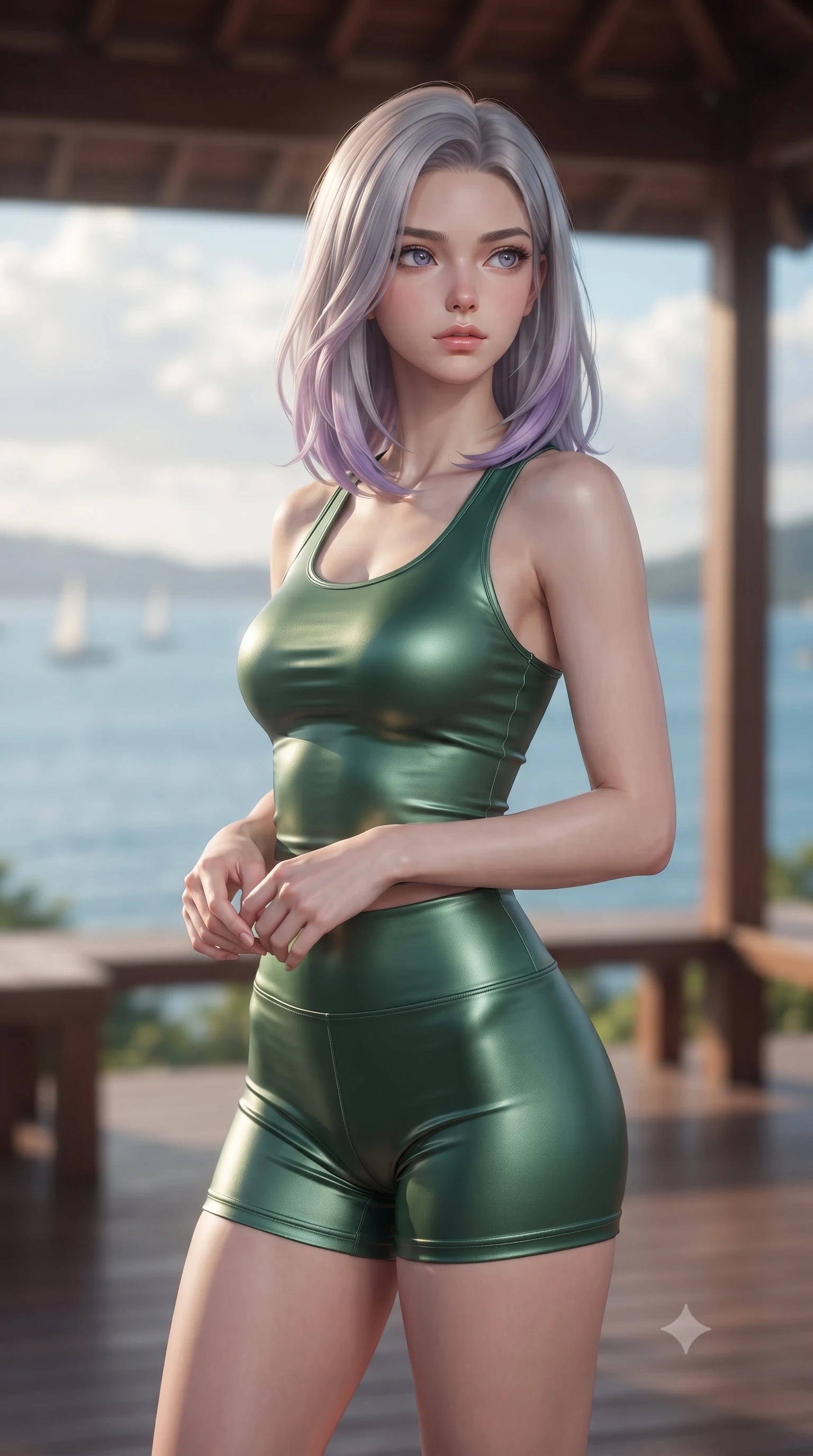 score_9, masterpiece, best quality, ultra-detailed, high-budget anime keyframe, editorial fashion photography, tasteful artistic composition, Caucasian woman woman. close-up cowboy shot from the waist and thighs up, the character dominates the composition, filling the frame with her large presence, background elements kept in soft focus. looking past the camera with a peaceful, thoughtful gaze, enjoying the warm sunlight the background shows a soft-focus a wooden pavilion overlooking a wide blue bay with small sailboats sailing in the distance. She has an exceptionally elegant, slender, and willowy female figure with an ultra-slim waist, a gracefully sculpted slender torso, and a refined silhouette. sharp v-shaped jawline, high-bridge nose, intricate jewel-like eyes with depth, thick eyelashes, glossy lips with a natural sheen. wearing a form-contouring body-hugging activewear set of a tailored racerback tank top and high-waisted shorts in forest green. diffused afternoon light under a few light clouds. ultra-reflective glossy finish, specular highlights, metallic sheen, high-contrast stereoscopic depth, volumetric dynamic lighting, 2k, ultra detail, master piece, 9:16 ratio