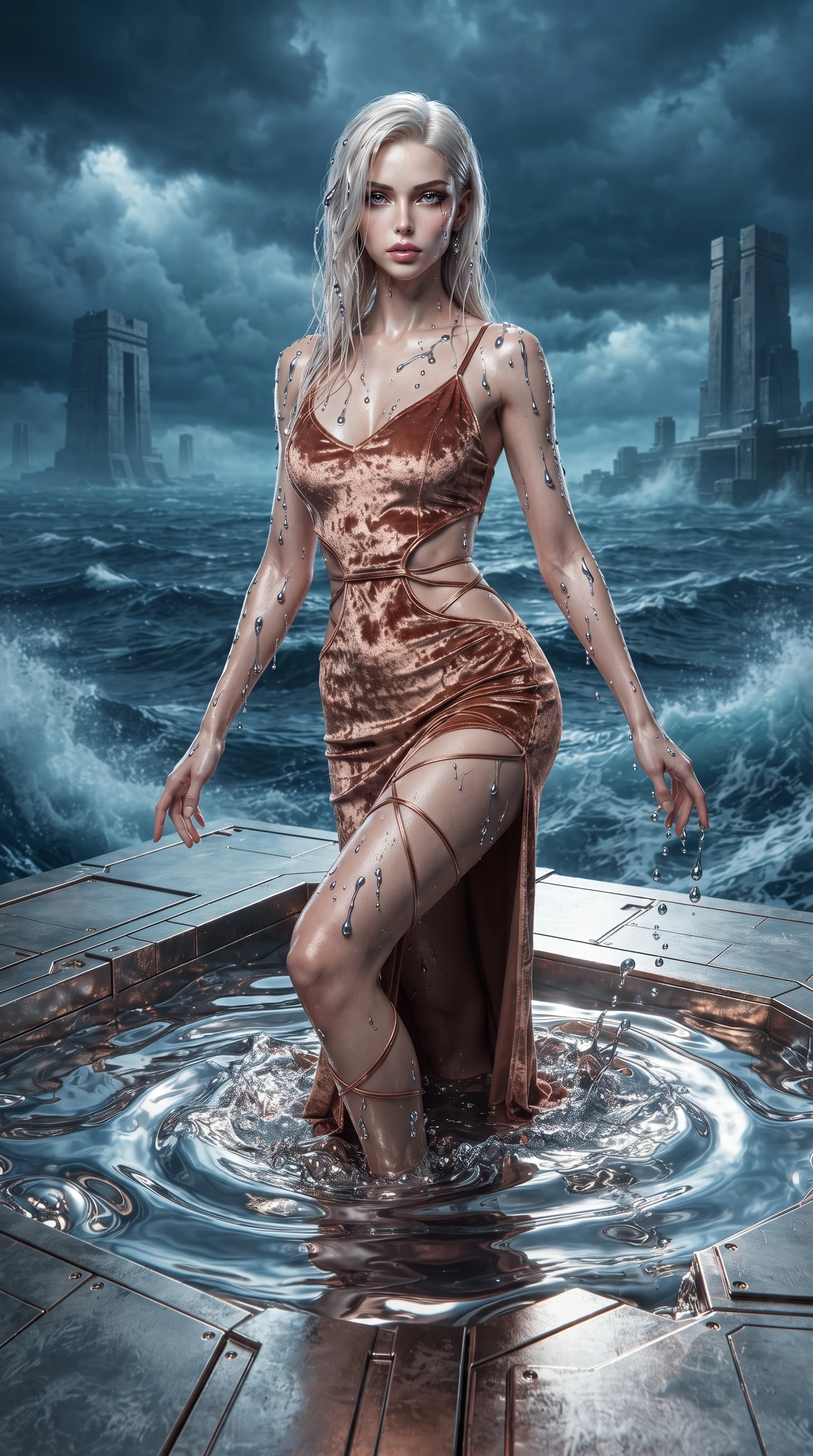 score_9, masterpiece, best quality, ultra-detailed, High-budget Anime Keyframe, editorial fashion photography, tasteful artistic composition, realistic cosplay photography, Caucasian woman, strictly human ears. Dynamic full-body shot stretching the vertical silhouette to the limit. Scenario 481: rising from a pool of mercury-like liquid, droplets rolling off her skin, in a floating platform suspended over a stormy sea of dark blue water. Her presence is magnetic and overpowering in this high-budget cinematic scene. Outfit 481: a tailored metallic copper crushed velvet slip dress with strategic waist cut-outs and slender leg straps. The clothing is designed to emphasize her exceptionally tall and slender 8-heads proportion. 8-heads proportion, towering silhouette, ultra-slim waist. sharp v-shaped jawline, intricate jewel-like eyes with depth, thick eyelashes, glossy lips. ultra-reflective glossy finish, specular highlights, metallic sheen, high-contrast stereoscopic depth, volumetric dynamic lighting, 2k, ultra detail, master piece, 9:16 ratio