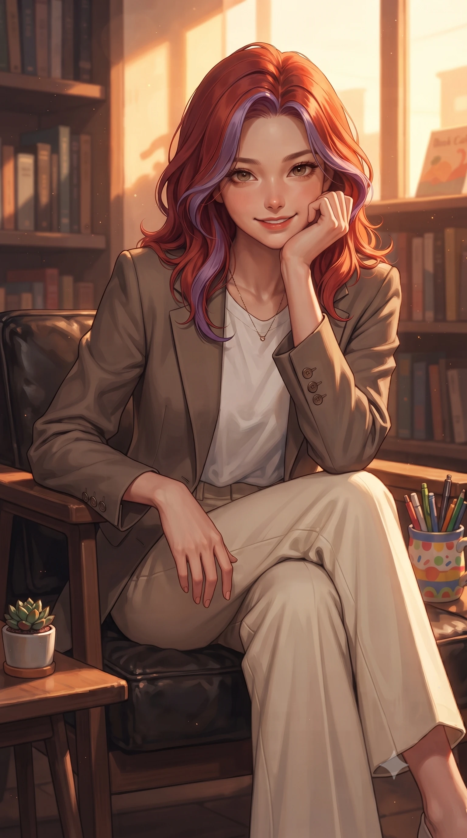 score_9, masterpiece, best quality, ultra-detailed, high-budget anime keyframe, editorial fashion photography, tasteful artistic composition, Caucasian woman. close-up cowboy shot from the waist and thighs up, the character dominates the composition, filling the frame with her large presence, background elements kept in soft focus. smiling cutely while resting her chin on her hand, looking directly into the lens set against a soft-focus background of in a cozy book cafe corner with leather armchairs and wooden side tables with a tiny succulent pot and a colorful cup of pens on the desk. She has an exceptionally elegant, slender, and willowy female figure with an ultra-slim waist, a gracefully sculpted slender torso, and a refined silhouette. sharp v-shaped jawline, high-bridge nose, intricate jewel-like eyes with depth, thick eyelashes, glossy lips with a natural sheen. wearing form-contouring tailored casual blazer in taupe, paired with a loose tee and wide-leg trousers. cozy golden hour sunset light illuminating the dusty bookshelves with a warm glow. ultra-reflective glossy finish, specular highlights, metallic sheen, high-contrast stereoscopic depth, volumetric dynamic lighting, 2k, ultra detail, master piece, 9:16 ratio