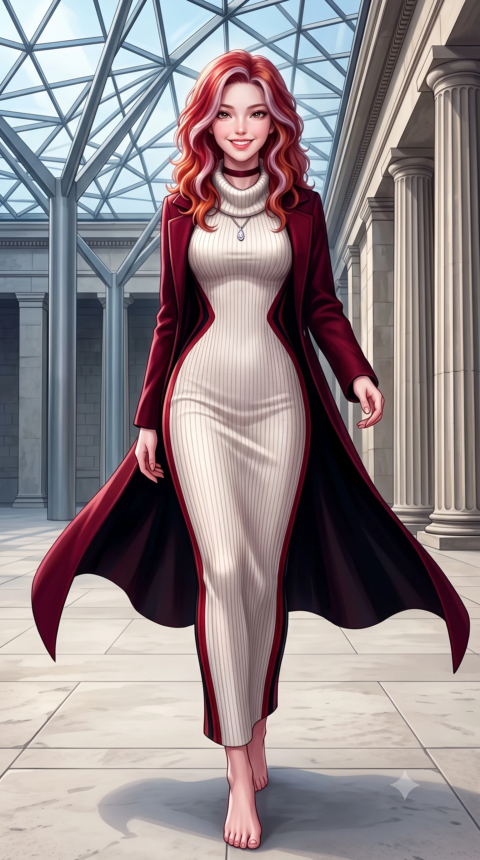 score_9, masterpiece, best quality, ultra-detailed, high-budget anime keyframe, semi-realistic 3D game render, editorial fashion photography, tasteful artistic composition, Caucasian woman. low angle full-body shot from head to toe showing her feet, filling the entire 9:16 vertical frame with her statuesque presence, stretching her vertical silhouette. stepping forward in a confident stride, her long slender legs and curvaceous hips creating a dynamic, sweeping vertical line while stepping gracefully across the vast limestone courtyard floor, her long tailored coat flowing with statuesque elegance. The surrounding environment is rendered in vivid detail and crisp panoramic clarity: sharp geometric steel strut joinery of glass ceiling, fluted column stone grooves, and smooth honed limestone paving joints in deep focus. She has an exceptionally tall and slender model-like 8.5-heads proportion, an ultra-slim waist, a flat toned midriff, narrow delicate ribcage, and beautifully sculpted feminine hips creating a graceful, slim hourglass silhouette without any bulky heaviness, with impossibly long slender legs. sharp v-shaped jawline, high-bridge nose, intricate jewel-like sparkling eyes with depth, thick eyelashes, glossy parted lips with a natural peach sheen, bright cheerful beaming smile with an enchanting and coquettish sensual glint, exuding both youthful cute charm and seductive allure, flawlessly proportioned anatomical accuracy, strict slender model proportions, natural body alignment, perfectly sculpted long slender limbs, ultra-slim waistline, clean dynamic posture without body distortion. wearing a form-contouring ribbed knit bodycon maxi dress in snow ivory with a cozy high cowl-neck hugging every curve in Kyoto autumn maple crimson and deep ink black, woven from stretch metallic lurex knit casting subtle luminous champagne glints across her contours, finished with a narrow velvet neck ribbon and a sparkling teardrop crystal pendant, the second-skin tailored fabric adhering flawlessly to her sculpted flat midriff and slender torso, emphasizing her long leg lines and perfectly proportioned willowy build. illuminated by pale stone reflection bounce and sharp platinum rim lights sculpting her jawline, narrow waist, and statuesque proportions. highly saturated vibrant anime colors, detailed shading with soft gradients, rich glossy textures, high-contrast stereoscopic depth, volumetric dynamic lighting, master piece, 9:16 ratio