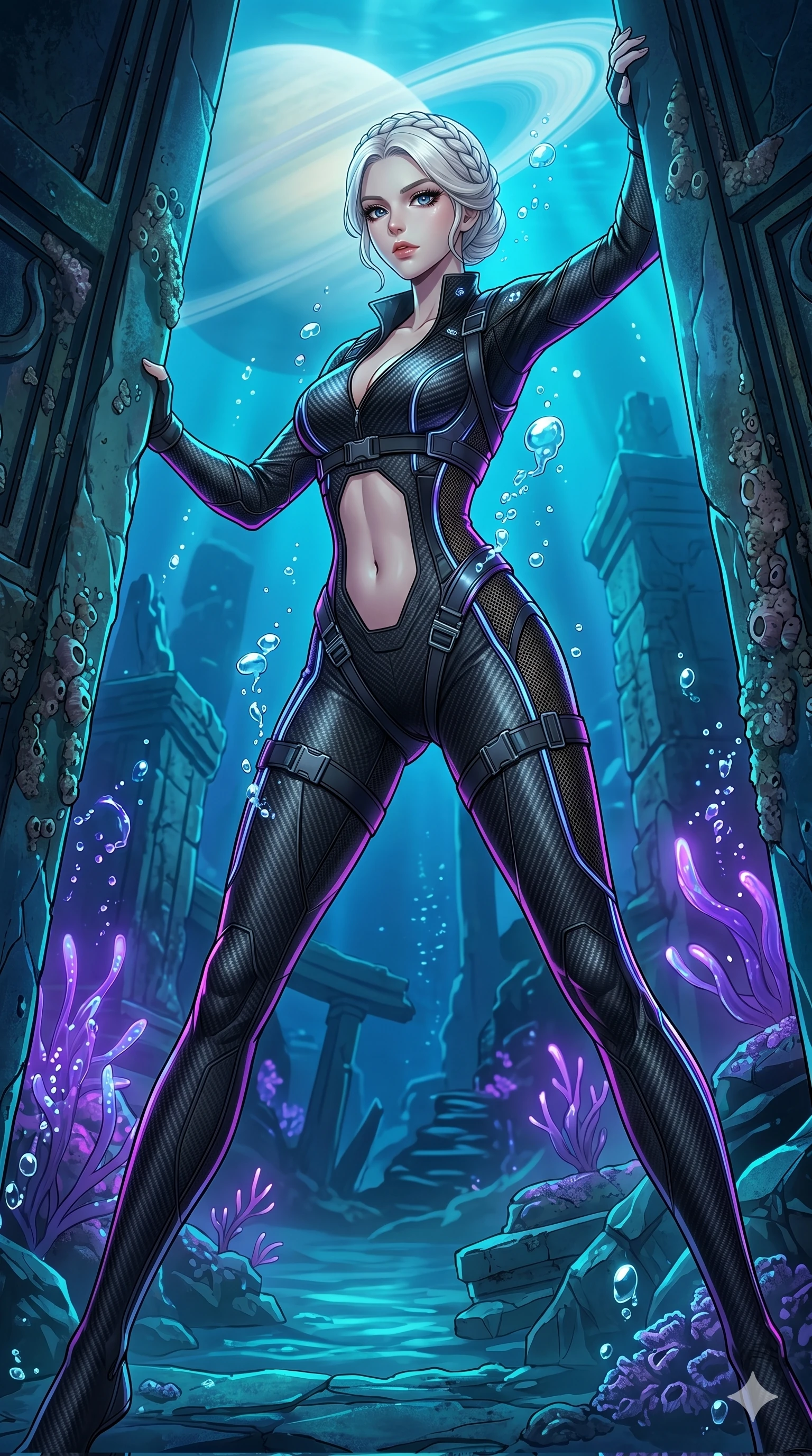 score_9, masterpiece, best quality, ultra-detailed, High-budget Anime Keyframe, vibrant colors, fluid line-art, expressive lighting, cinematic composition, Ufotable-style visual effects, top-tier animation quality, Korean woman with idol-like refined features. Dynamic full-body shot stretching the vertical silhouette, capturing her from a powerful low-angle perspective. Opening a forbidden vault in a submerged underwater city, air bubbles rising as the ancient doors groan open. She has an absolutely perfect 8-heads proportion, an exceptionally tall and slender female figure with impossibly long slender legs and an ultra-slim waist, her statuesque height and towering silhouette dominating the vertical 9:16 frame. Her face is a masterpiece featuring a sharp v-shaped jawline, high-bridge nose, intricate jewel-like eyes with depth, thick eyelashes, and glossy lips with a natural sheen. She is wearing a Sci-fi pilot flight suit with an open collar and strategically placed mesh panels crafted from Carbon-fiber weave with a high-tech matte finish and integrated glowing filaments, with an exposed midriff and a complex harness system that draws the eye. The scene is set in a mysterious alien planet with bioluminescent purple flora and a giant ringed planet in the sky, illuminated by harsh neon light and deep shadows creating a high-contrast noir aesthetic. 2k, ultra detail, master piece, 9:16 ratio