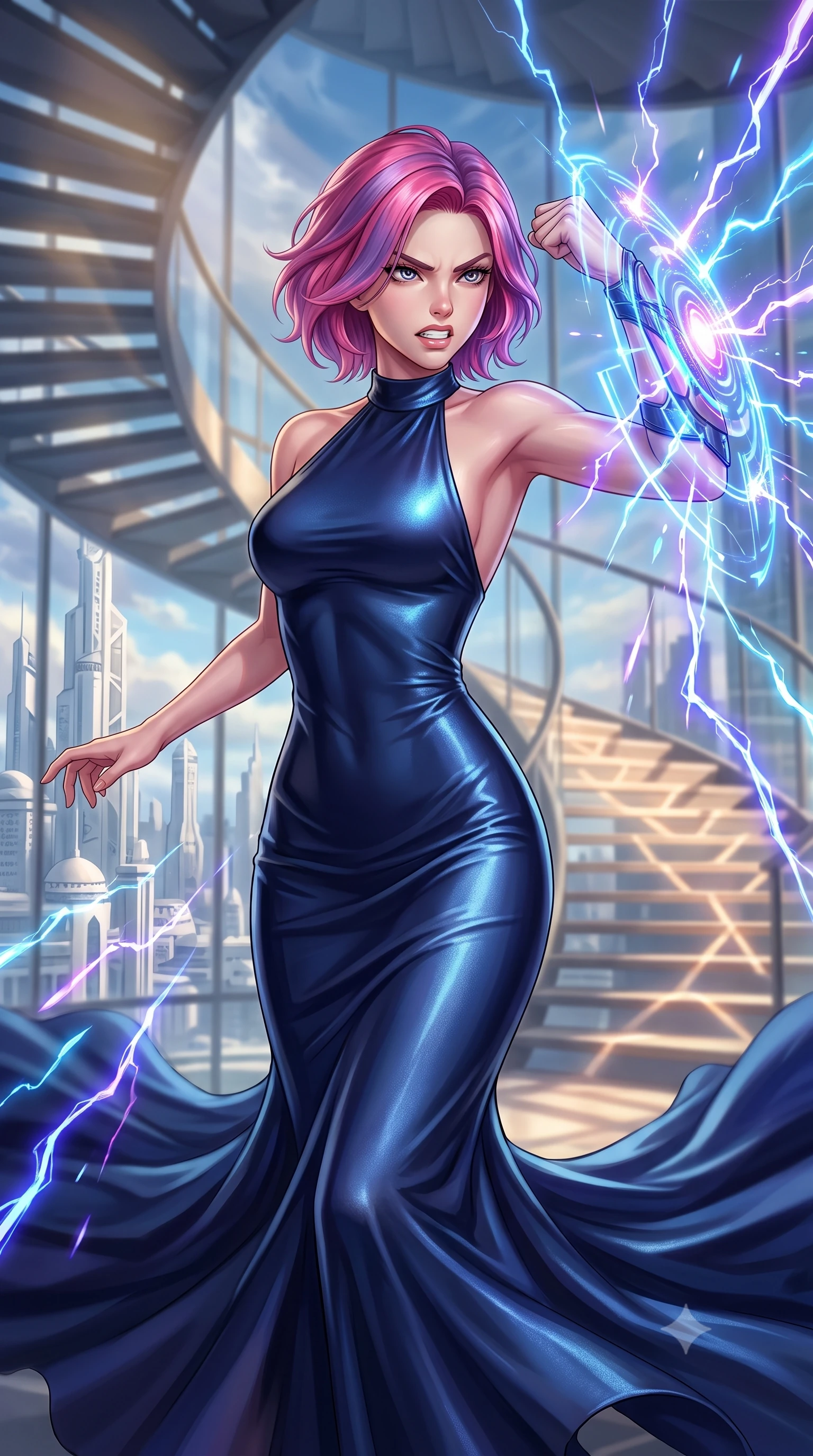 score_9, masterpiece, best quality, ultra-detailed, high-budget anime keyframe, editorial fashion photography, tasteful artistic composition, Caucasian woman, strictly human ears. close-up cowboy shot from the waist and thighs up, the character dominates the composition, filling the frame with her large presence, background elements kept in soft focus. Deflecting incoming plasma bolts with a glowing energy shield attached to her forearm, teeth grit in determination. set against a soft-focus background of a spiral staircase inside a glass tower, looking out at a highly advanced white-towered metropolis. She has an exceptionally elegant and slender, willowy female figure with an ultra-slim waist, a gracefully sculpted slender torso, and a refined slim physique. sharp v-shaped jawline, high-bridge nose, intricate jewel-like eyes with depth, thick eyelashes, glossy lips with a natural sheen. wearing the lightweight fabric rippling and billowing dramatically with her movement, a tailored elegant bodycon evening gown in midnight blue silk with a subtle metallic sheen, featuring a high halter collar and a floor-sweeping silhouette. highly saturated vibrant anime colors, intense vivid color palette, soft 3D volumetric shading, volumetric dynamic lighting, changing afternoon sunbeams tracing geometric patterns across the steps. 2k, ultra detail, master piece, 9:16 ratio