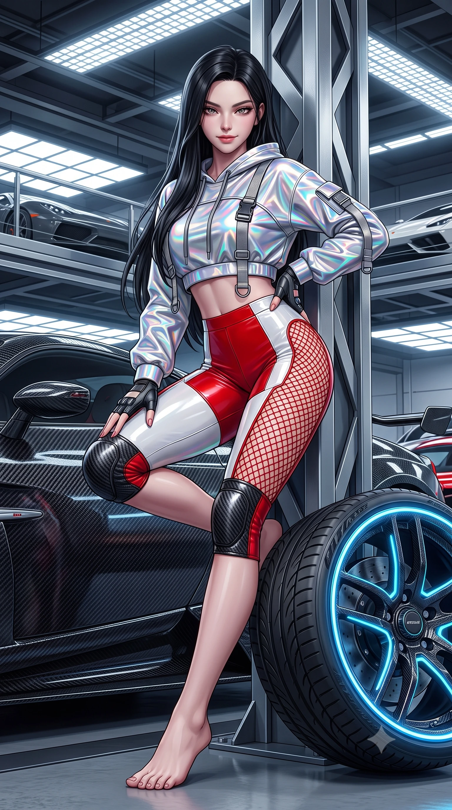 score_9, masterpiece, best quality, ultra-detailed, high-budget anime keyframe, semi-realistic 3D game render, editorial fashion photography, tasteful artistic composition, Korean woman. low angle full-body shot from head to toe showing her feet, filling the entire 9:16 vertical frame with her statuesque presence, stretching her vertical silhouette. leaning deep against the structural architecture with hips cocked in an unapologetically bold, seductive high-fashion stance while crouching low beside a glowing neon wheel rim, one hand resting on her thigh, casting an intense, electrifying smirk. The surrounding environment is rendered in vivid detail and crisp panoramic clarity. sharp carbon-fiber weave textures, polished hypercar body reflections, and tire tread grooves in deep focus. She has an absolutely perfect, statuesque 8.5-heads proportion, an exceptionally tall and slender model-like female figure with impossibly long slender legs, a toned flat midriff, and an ultra-slim waist. sharp v-shaped jawline, high-bridge nose, intricate jewel-like eyes with depth, thick eyelashes, glossy parted lips with a natural sheen, intensely captivating and seductive expression, flawlessly proportioned anatomical accuracy, strict slender model proportions, natural body alignment, perfectly sculpted long slender limbs, ultra-slim waistline, clean dynamic posture without body distortion. wearing a holographic silver crop hoodie paired with high-waisted racing shorts and fishnet accents in bright racing scarlet red and glossy white, crafted from flexible reflective spandex and heavy tactical webbing, accented with hanging industrial clip straps and carbon fiber knee sliders, the liquid-tight tailored fabric emphasizing every curve of her tall, slender model proportions and sculptured silhouette. surrounded by a fierce, electrifying, and irresistibly intoxicating motorsport queen aura. highly saturated vibrant anime colors, detailed shading with soft gradients, rich glossy textures, high-contrast stereoscopic depth, volumetric dynamic lighting, master piece, 9:16 ratio