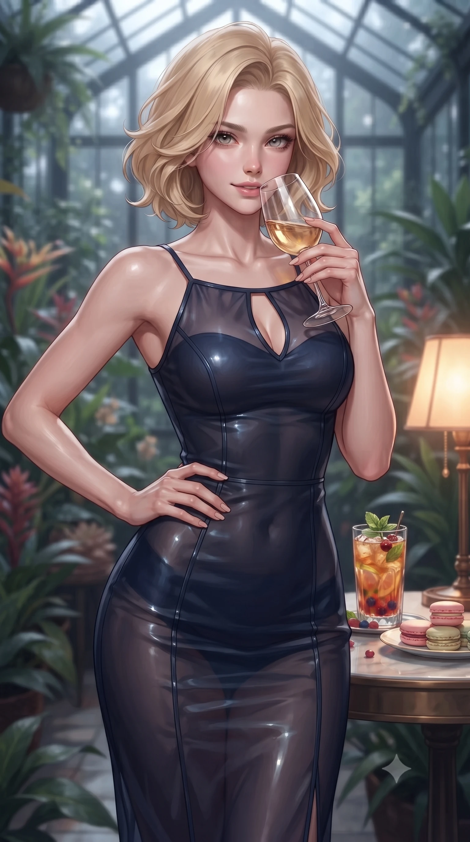 score_9, masterpiece, best quality, ultra-detailed, high-budget anime keyframe, editorial fashion photography, tasteful artistic composition, Caucasian woman. close-up cowboy shot from the waist and thighs up, the character dominates the composition, filling the frame with her large presence, background elements kept in soft focus. resting one hand on her ultra-slim waist while holding a crystal wine glass near her lips with an alluring smile set against a soft-focus background of inside an exclusive botanical greenhouse with a glass of iced fruit tea and delicate macaron pastries arranged on the table. She has an exceptionally elegant, slender, and willowy female figure with an ultra-slim waist, a gracefully sculpted slender torso, and a refined silhouette. sharp v-shaped jawline, high-bridge nose, intricate jewel-like eyes with depth, thick eyelashes, glossy lips with a natural sheen. wearing tailored midnight navy sheer organza body-hugging knit midi dress with a tasteful keyhole neckline cutout and thin shoulder straps featuring refined tailored seams. illuminated by soft silver moonlight contrasting with the warm amber glow of a nearby lamp. ultra-reflective glossy finish, specular highlights, metallic sheen, high-contrast stereoscopic depth, volumetric dynamic lighting, 2k, ultra detail, master piece, 9:16 ratio