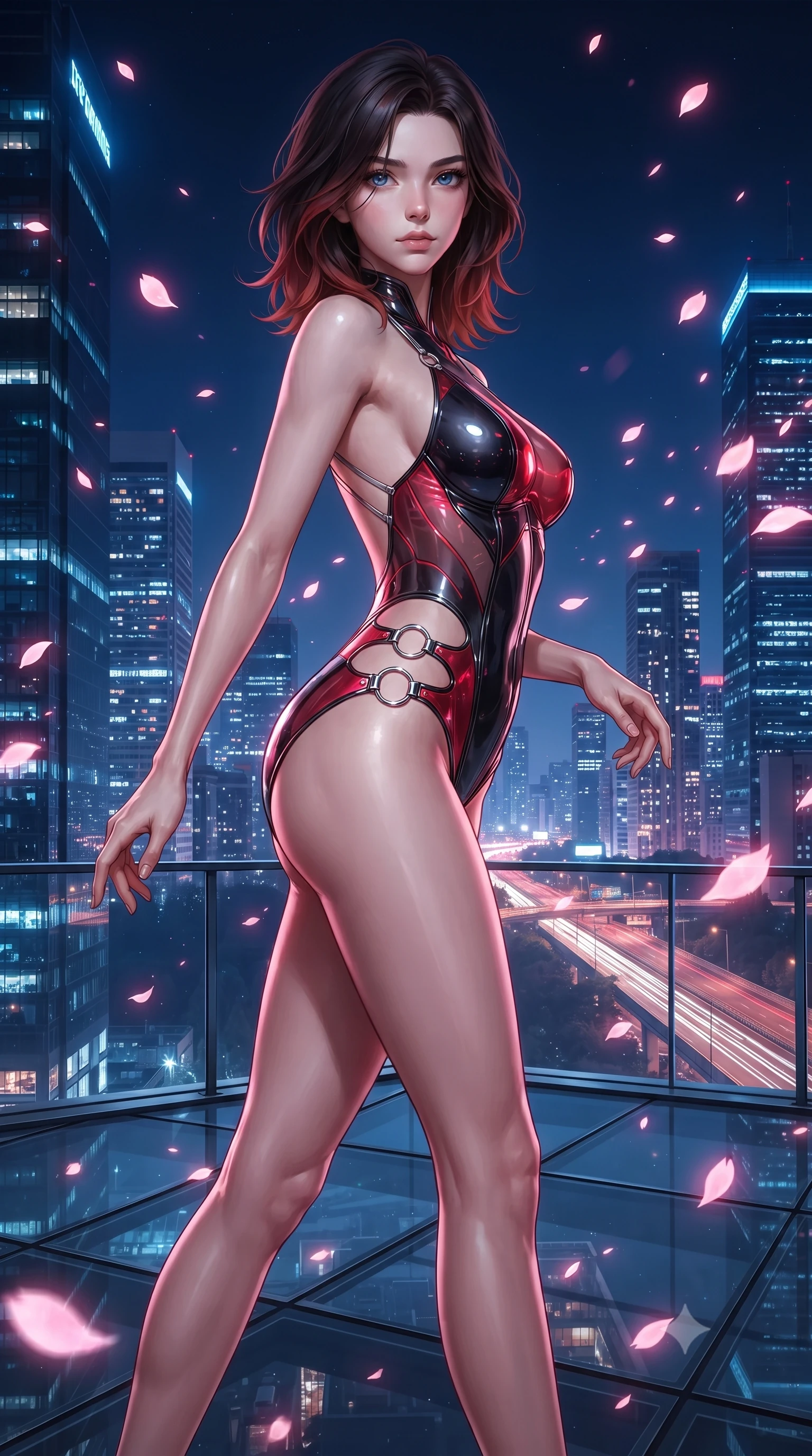 score_9, masterpiece, best quality, ultra-detailed, high-budget anime keyframe, editorial fashion photography, tasteful artistic composition, Korean woman. low angle full-body shot from head to toe showing her feet, filling the entire 9:16 vertical frame with her statuesque presence, stretching her vertical silhouette. pivoting dynamically in mid-motion with a breathtakingly alluring posture, displaying her flawless model proportions and ultra-slim waist while pivoting dramatically on a glass rooftop helipad as glowing pink sakura petals swirl across the city night. The surrounding environment is rendered in vivid detail and crisp panoramic clarity. intricate cyberpunk skyscraper architecture, atmospheric clouds, and highway light trails in crisp clarity. She has an absolutely perfect, statuesque 8.5-heads proportion, an exceptionally tall and slender model-like female figure with impossibly long slender legs and an ultra-slim waist. sharp v-shaped jawline, high-bridge nose, intricate jewel-like eyes with depth, thick eyelashes, glossy lips with a natural sheen, flawlessly proportioned anatomical accuracy, natural body alignment, perfectly sculpted elegant limbs, clean dynamic posture without body distortion. wearing a liquid chrome micro-bodysuit sculpted tightly to her figure, featuring razor-thin metallic straps and an open back in glossy obsidian black and radiant crimson red, tailored from semi-translucent cybernetic vinyl with glowing micro-filaments, detailed with polished silver rings connecting the daring side-waist cutouts, the liquid-tight fabric adhering flawlessly to her sculpted torso and slender silhouette. illuminated by electric pink neon glow from sakura petals and deep blue urban night fill. ultra-reflective glossy finish, specular highlights, metallic sheen, high-contrast stereoscopic depth, volumetric dynamic lighting, 2k, ultra detail, master piece, 9:16 ratio