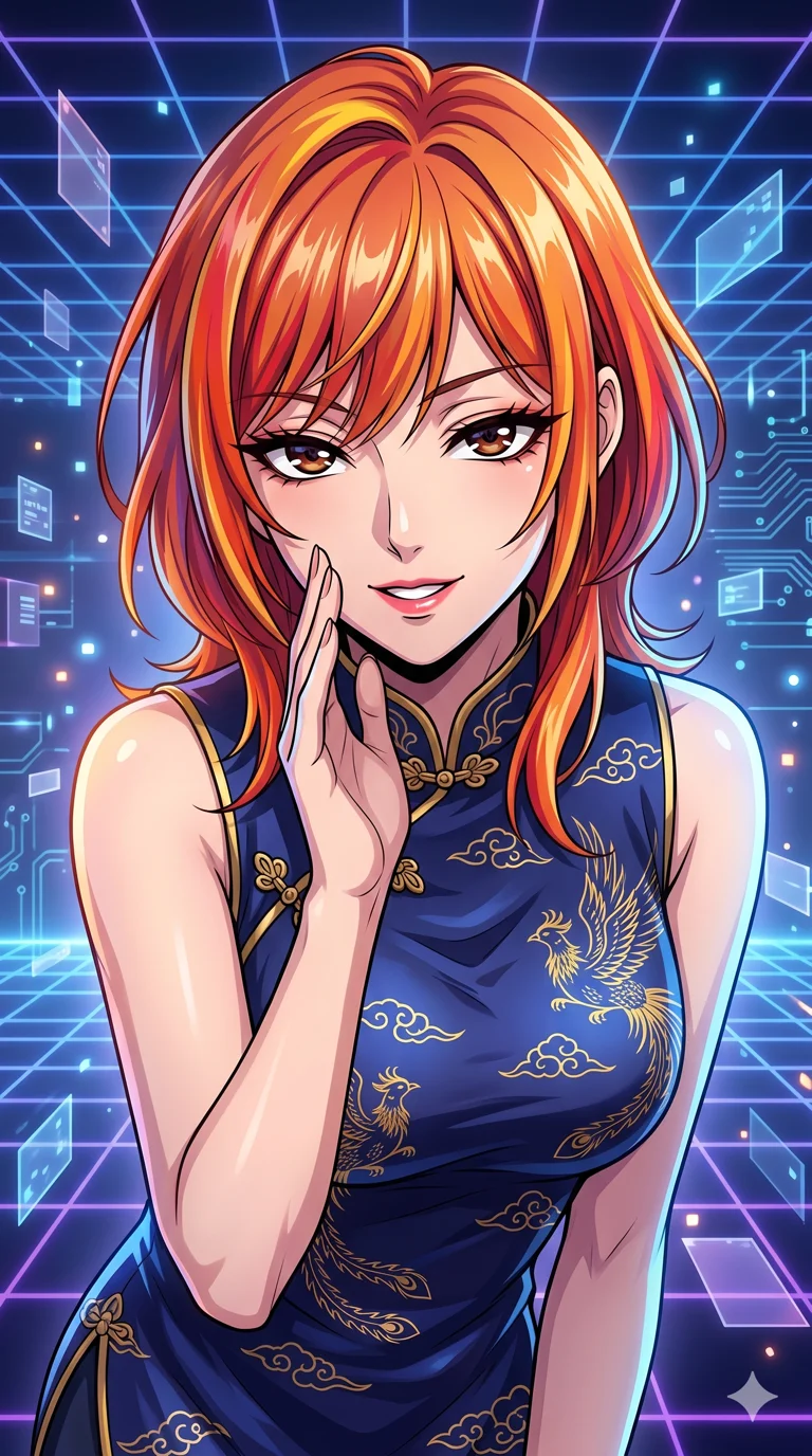 score_9, masterpiece, best quality, ultra-detailed, high-budget anime keyframe, vibrant colors and expressive line art, an incredibly beautiful Japanese woman. Medium shot of upper body focusing on her alluring and cute features and her sunset-inspired hair with warm orange, fiery red, and golden yellow streaks, filling the vertical 9:16 frame. She is whispering a secret while leaning forward towards the camera. She has a sharp v-shaped jawline, high-bridge nose, intricate jewel-like eyes, thick eyelashes, and glossy lips. She possesses an absolutely perfect 8-heads proportion and a slim-fit silhouette. She is wearing a silk qipao-inspired modern top with a dangerously high side slit, highlighting her alluring silhouette. a digital dimension with geometric grid lines and floating data shards, dramatic rim lighting, cinematic shadows, 2k, ultra detail, master piece, 9:16 ratio