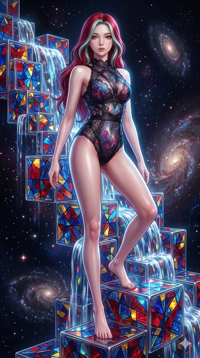 score_9, masterpiece, best quality, ultra-detailed, high-budget anime keyframe, Korean woman. upper body close-up from the thighs up, character filling the screen for maximum presence. balancing on cubist glass blocks that cascade like a waterfall, r