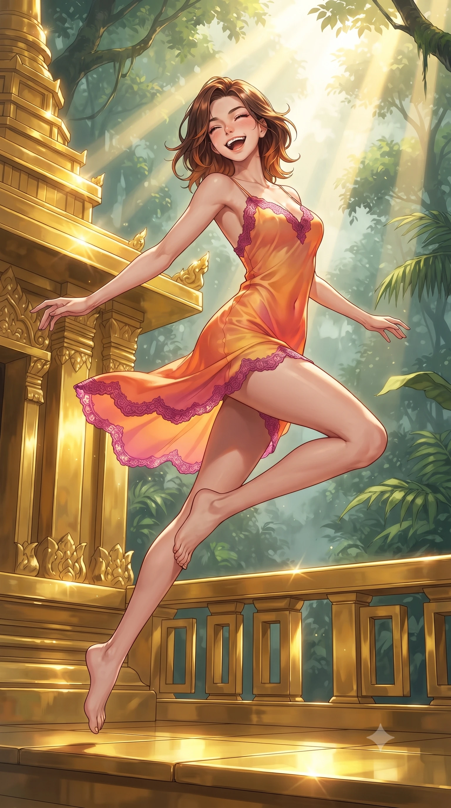 score_9, masterpiece, best quality, ultra-detailed, high-budget anime keyframe, editorial fashion photography, tasteful artistic composition, gorgeous anime illustration, with clean line-art, distinct ink outlines, and high-contrast stereoscopic depth, Korean woman. low angle full-body shot from head to toe showing her feet, filling the entire 9:16 vertical frame with her statuesque presence, stretching her vertical silhouette. leaping gracefully with a bright, joyful laugh through standing on a balcony of a temple constructed from solid, highly polished gold hidden deep within a misty green tropical jungle, reflecting bright sun rays off the golden surfaces. She has a statuesque 8.5-heads proportion, an exceptionally tall, slender and willowy model-like build with impossibly long legs and a highly sculpted ultra-slim waist. sharp v-shaped jawline, high-bridge nose, intricate jewel-like eyes with depth, thick eyelashes, glossy lips with a natural sheen. wearing a gossamer-thin silk slip dress in a sunset orange gradient, detailed with magenta lace-trimmed edges. intense golden solar beams piercing through the jungle canopy, casting bright metallic specular highlights on the gold structures. 2k, ultra detail, master piece, 9:16 ratio, highly saturated vibrant anime colors, detailed cel-shading with soft gradients, rich glossy textures, deep contrast, volumetric dynamic lighting, 2d animation style