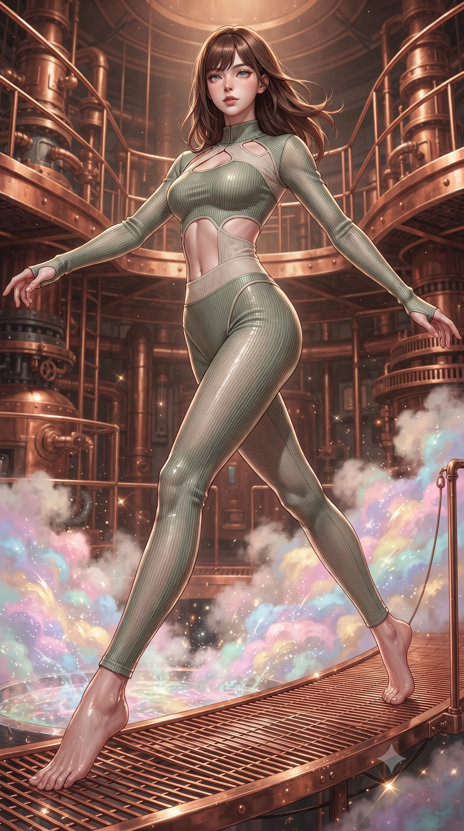 score_9, masterpiece, best quality, ultra-detailed, high-budget anime keyframe, editorial fashion photography, tasteful artistic composition, Korean woman. low angle full-body shot from head to toe showing her feet, filling the entire 9:16 vertical frame with her statuesque presence, stretching her vertical silhouette. forging dynamically through the scene with her long slender legs and ultra-slim waist creating a sweeping S-curve while leaping across a copper catwalk as boiling liquid aurora energy erupts below, pastel-colored steam clouds scattering bright metallic highlights. She has an absolutely perfect, statuesque 8.5-heads proportion, an exceptionally tall and slender model-like female figure with impossibly long slender legs and an ultra-slim waist. sharp v-shaped jawline, high-bridge nose, intricate jewel-like eyes with depth, thick eyelashes, glossy lips with a natural sheen, flawlessly proportioned anatomical accuracy, natural body alignment, perfectly sculpted elegant limbs, clean dynamic posture without body distortion. wearing a form-fitting ribbed activewear set with elegant collar cutouts in sage green and oatmeal, woven from fine semi-opaque sheer organza, featuring clean architectural cutouts along her slender torso, the glove-like fit emphasizing her statuesque silhouette during motion. surrounded by a warm, powerful industrial alchemy atmosphere. ultra-reflective glossy finish, specular highlights, metallic sheen, high-contrast stereoscopic depth, volumetric dynamic lighting, 2k, ultra detail, master piece, 9:16 ratio