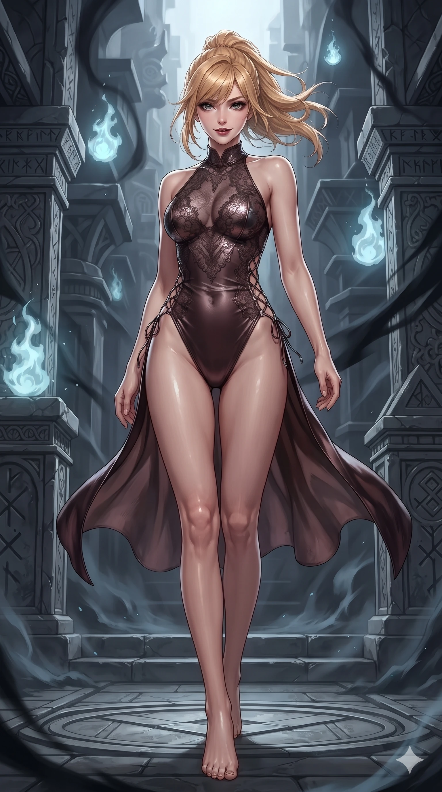 score_9, masterpiece, best quality, ultra-detailed, high-budget anime keyframe, editorial fashion photography, tasteful artistic composition, Caucasian woman. low angle full-body shot from head to toe showing her feet, filling the entire 9:16 vertical frame with her statuesque presence, stretching her vertical silhouette. executing a slow, elegant turn as her liquid gown flutters around her slender legs, glancing over her shoulder with an intoxicating bedroom-gaze while stepping forward into the spiritual clearing with feline grace, hips swaying in an alluring sensual rhythm that accentuates her curvy hourglass silhouette. The surrounding environment is rendered in vivid detail and crisp panoramic clarity: detailed backless liquid vinyl slip dress cling, sculpted chrome rings, and occult sanctuary architecture in razor-sharp clarity. She has an absolutely perfect, statuesque 8.5-heads proportion, an exceptionally tall and slender model-like female figure with impossibly long slender legs, an ultra-slim waist, a flat toned midriff, narrow delicate ribcage, and beautifully sculpted feminine hips creating a graceful, slim hourglass silhouette without any bulky heaviness. sharp v-shaped jawline, high-bridge nose, intricate jewel-like dark sparkling eyes with hypnotic seductive depth, thick curled eyelashes, glossy parted lips with a natural wine sheen, alluring bedroom-eyes with an enigmatic smoldering smile, exuding magnetic sovereign charisma and dark avant-garde glamour, flawlessly proportioned anatomical accuracy, strict slender model proportions, natural body alignment, perfectly sculpted long slender limbs, ultra-slim waistline, clean dynamic posture without body distortion. wearing a provocative sheer-illusion nanotech lace bodysuit with strategic metallic foil flocking and high-cut leg openings in dark mahogany and brushed gunmetal, tailored from smooth liquid silk satin that clings smoothly to her narrow waist and rounded hips with a dewy sheen, featuring fine criss-cross lace-up side ties revealing tantalizing glimpses of her hip curve, the high-slit wrap tailoring accentuating her ultra-slim waistline and the enchanting curve of her feminine hips with alluring seductive charm. surrounded by a mysterious dark spiritual aura with sharp edge lighting and pale blue floating spirit fires. ultra-reflective glossy finish, specular highlights, metallic sheen, high-contrast stereoscopic depth, volumetric dynamic lighting, 2k, ultra detail, master piece, 9:16 ratio