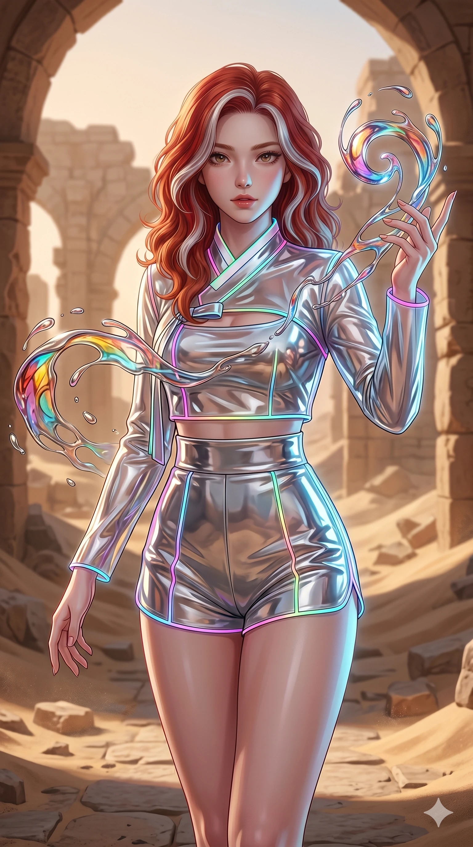 score_9, masterpiece, best quality, ultra-detailed, high-budget anime keyframe, Korean woman. upper body close-up from the thighs up, character filling the screen for maximum presence. interacting with liquid stained-glass that melts and swirls in mid-air inside a crumbling desert ruin, the fluid jewelry floating in suspension. She has an absolutely perfect 8-heads proportion, an exceptionally tall and slender female figure with impossibly long slender legs and an ultra-slim waist. V-shaped jawline, high-bridge nose, intricate jewel-like eyes with depth, thick eyelashes, glossy lips with a natural sheen.. wearing a vinyl liquid mercury fusion hanbok, featuring a translucent chrome-silver vinyl jeogori and high-waist tailored mini shorts, detailed with glowing neon wire trims and a tasteful chest slit. lit by a soft glowing ambient light and a sharp side key light that traces the sleek contours of her athletic build. 2k, ultra detail, master piece, 9:16 ratio