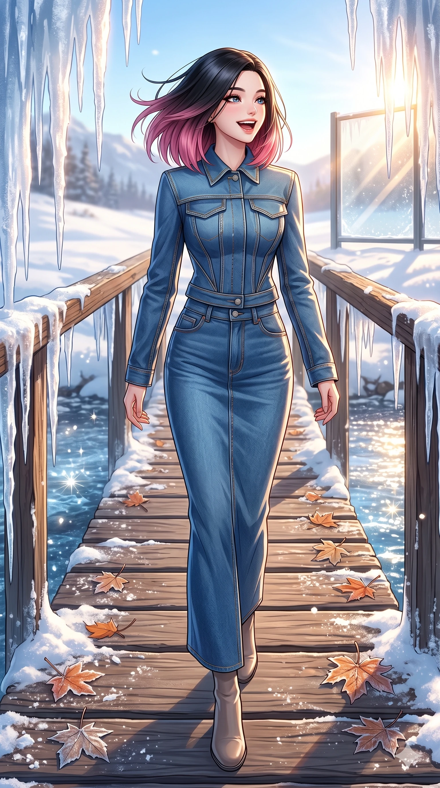 score_9, masterpiece, best quality, ultra-detailed, high-budget anime keyframe, vibrant anime aesthetic, Korean woman. low angle full-body shot from head to toe showing her feet, filling the entire 9:16 vertical frame with her statuesque presence, stretching her vertical silhouette. She is turning her head with a wind-swept laugh and a bright, cheerful expression on a wooden bridge over a sparkling mountain stream lined with frozen icicles and autumn leaves (Code-P21-010). She has an absolutely perfect 8-heads proportion, an exceptionally tall and slender female figure with impossibly long slender legs and an ultra-slim waist. V-shaped jawline, high-bridge nose, intricate jewel-like eyes with depth, thick eyelashes, glossy lips with a natural sheen. wearing a modern denim set featuring a structured jacket and long skirt. She is bathed in bright morning sun reflecting off the glass panels, creating a glowing winter aura. 2k, ultra detail, master piece, 9:16 ratio