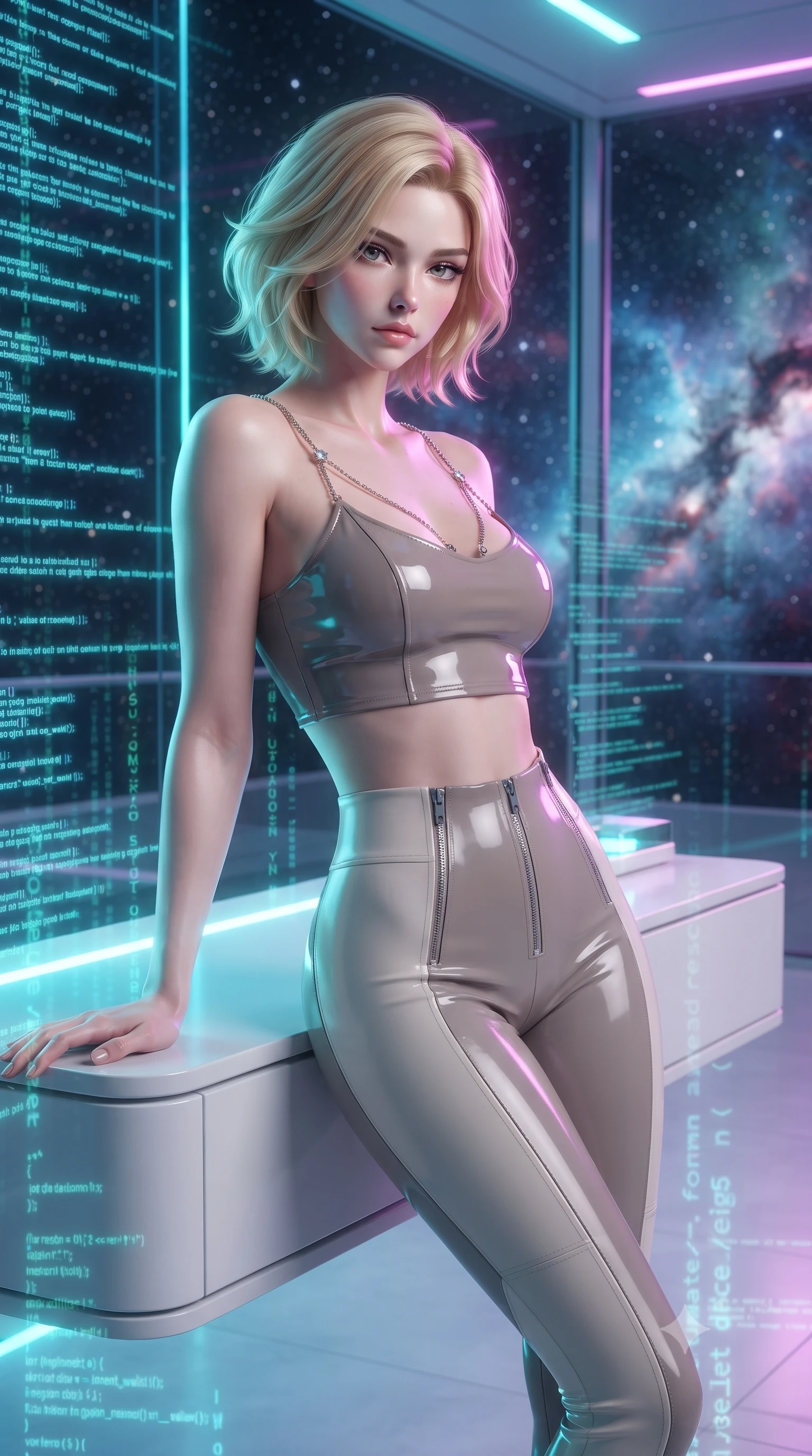 score_9, masterpiece, best quality, ultra-detailed, high-budget anime keyframe, editorial fashion photography, tasteful artistic composition, Caucasian woman. close-up cowboy shot from the waist and thighs up, the character dominates the composition, filling the frame with her large presence, background elements kept in soft focus. Leaning slightly forward with a composed, seductive gaze under soft glowing light resting on a sleek white floating console amidst glowing code streams, starlight and cosmic nebula clouds glowing through the floor-to-ceiling glass. She has an exceptionally elegant, slender, and willowy female figure with an ultra-slim waist, a gracefully sculpted slender torso, and a refined silhouette. sharp v-shaped jawline, high-bridge nose, intricate jewel-like eyes with depth, thick eyelashes, glossy lips with a natural sheen. wearing a glossy vinyl crop top and high-waist tailored leggings with sleek zippers in muted taupe and soft ivory, formed from sleek second-skin neoprene, adorned with delicate metallic chain straps along the neckline, the elegant draped fit framing her graceful clavicle and slender torso. bathed in brilliant neon cyan and magenta rim light with clean white ambient glow. highly saturated vibrant anime colors, detailed shading with soft gradients, rich glossy textures, high-contrast stereoscopic depth, volumetric dynamic lighting, master piece, 9:16 ratio