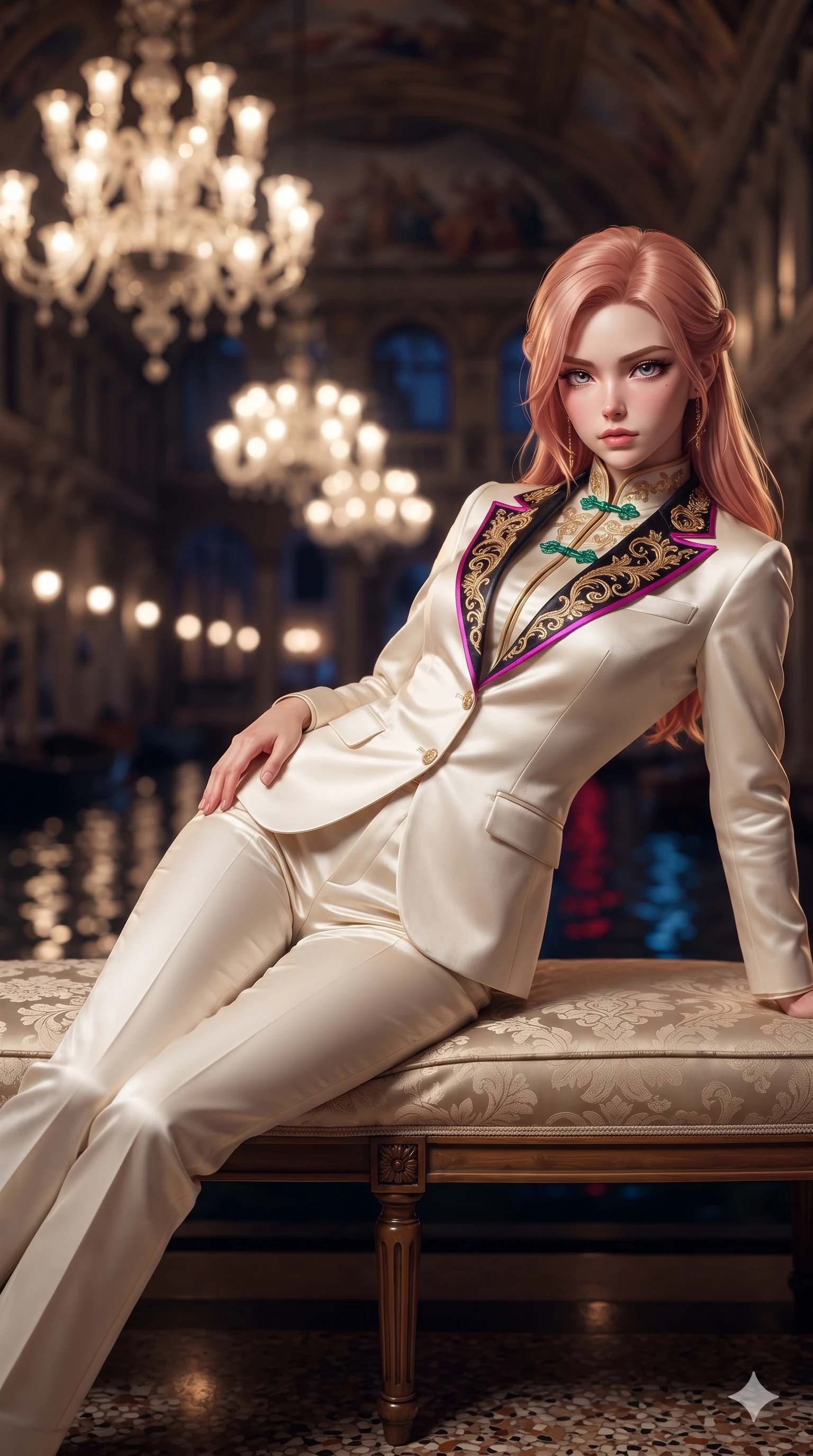 score_9, masterpiece, best quality, ultra-detailed, high-budget anime keyframe, editorial fashion photography, tasteful artistic composition, Japanese woman. close-up cowboy shot from the waist and thighs up, the character dominates the composition, filling the frame with her large presence. arching her spine backward with effortless dancer poise, one hand sliding along her hip line as directional light carves specular highlights along her silhouette while reclining gracefully across the damask-cushioned loggia bench propped on one elbow with legs extended, displaying her statuesque silhouette against the grand Venetian night. The background shows a soft-focus massive multi-tiered hand-blown Murano glass chandeliers, frescoed vaulted ceilings, and midnight canal waters blurred into ruby, amber, and deep sapphire bokeh. She has an exceptionally elegant, slender, and willowy female figure with an ultra-slim waist, flat toned midriff, narrow ribcage, and sculpted feminine hips creating an alluring, slim hourglass silhouette without bulk. sharp v-shaped jawline, high-bridge nose, intricate jewel-like sparkling eyes with depth, thick eyelashes, glossy parted lips with a natural sheen, intensely captivating and seductive bedroom-eyes expression, exuding both youthful cute charm and sovereign luxury allure, flawlessly proportioned anatomical accuracy, strict slender model proportions, natural body alignment, perfectly sculpted long slender limbs, ultra-slim waistline, clean dynamic posture without body distortion. wearing a bespoke Venetian tailored pantsuit in liquid ivory silk with golden filigree embroidery tracing the lapels in black lacquer and vibrant magenta neon, woven from high-density tech-wool with subtle metallic thread weave, finished with sleek jade frog closures glinting along her high collar, the bespoke structured tailoring following the natural line of her 8.5-heads silhouette with refined elegance. illuminated by polished terrazzo floor bounce and sharp gold-sapphire rim lights sculpting her razor-sharp jawline, narrow waist, and curvy hips. ultra-reflective glossy finish, specular highlights, rich textural contrasts, high-contrast stereoscopic depth, volumetric dynamic lighting, 2k, ultra detail, master piece, 9:16 ratio