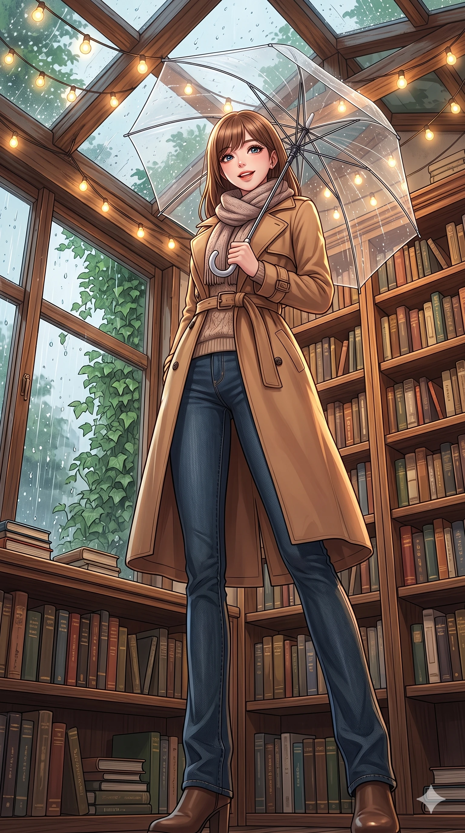 score_9, masterpiece, best quality, ultra-detailed, high-budget anime keyframe, vibrant anime aesthetic, Korean woman. low angle full-body shot from head to toe showing her feet, filling the entire 9:16 vertical frame with her statuesque presence, stretching her vertical silhouette. She is holding a clear umbrella, looking up with a bright, joyful expression, gazing warmly at the viewer with a gentle tilt of her head. inside a cozy retro library corner with floor-to-ceiling bookshelves and a large window showing rain falling on green ivy (Code-P22-007). She has an absolutely perfect 8-heads proportion, an exceptionally tall and slender female figure with impossibly long slender legs and an ultra-slim waist. V-shaped jawline, high-bridge nose, intricate jewel-like eyes with depth, thick eyelashes, glossy lips with a natural sheen. wearing a stylish trench coat in camel over a knit pullover and dark denim jeans with a knitted scarf. She is lit by warm, glowing fairy lights strung across the glass conservatory roof, casting clean highlights that trace her slim waist in the rainy afternoon. 2k, ultra detail, master piece, 9:16 ratio