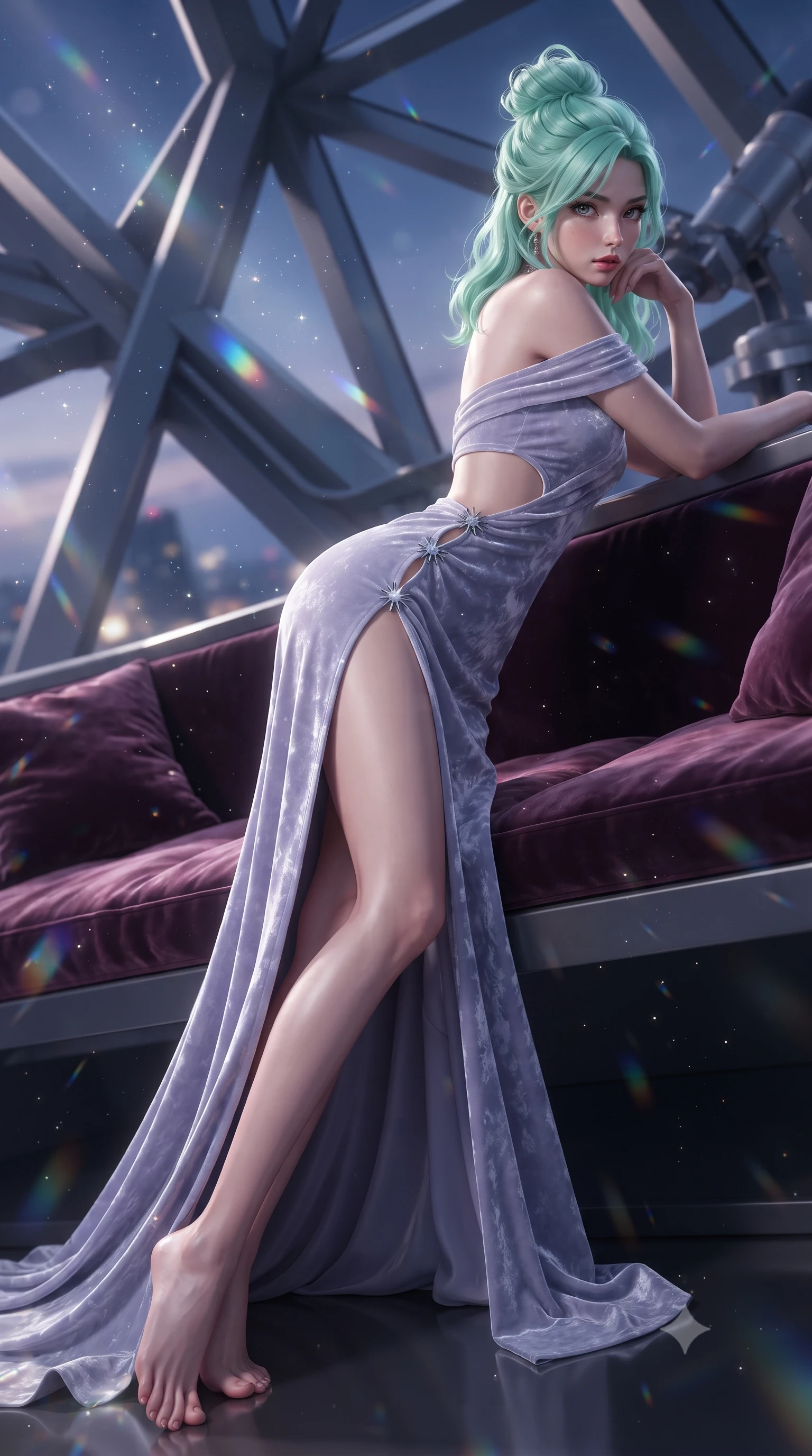 score_9, masterpiece, best quality, ultra-detailed, high-budget anime keyframe, editorial fashion photography, tasteful artistic composition, Japanese woman. low angle full-body shot from head to toe showing her feet, filling the entire 9:16 vertical frame with her statuesque presence, stretching her vertical silhouette. leaning deep against the structural architecture with hips cocked in an unapologetically bold, seductive high-fashion stance while reclining on a velvet-lined observation platform propped on one elbow, looking back over her shoulder with an intoxicating bedroom-gaze. The composition keeps background elements in soft focus with creamy bokeh. floating stardust flecks and prismatic telescope lens refractions scattering ethereal light motes. She has an absolutely perfect, statuesque 8.5-heads proportion, an exceptionally tall and slender model-like female figure with impossibly long slender legs, a toned flat midriff, an ultra-slim waist, and beautifully sculpted feminine hips. sharp v-shaped jawline, high-bridge nose, intricate jewel-like eyes with depth, thick eyelashes, glossy parted lips with a natural sheen, intensely captivating and seductive bedroom-eyes expression, flawlessly proportioned anatomical accuracy, strict slender model proportions, natural body alignment, perfectly sculpted long slender limbs, ultra-slim waistline, clean dynamic posture without body distortion. wearing an off-shoulder celestial velvet gown with an architectural open-waist cutout and high side slit in ethereal lilac mist and celestial silver, crafted from heavyweight crushed silk velvet with liquid frost luster, finished with an ultra-high side slit secured by miniature starburst clasps, the precision-cut side openings and low-back scoop framing her graceful spine and the sensual sweep of her hips. illuminated by starlight edge lights carving her slender waist, bare collarbones, and feminine hip line. ultra-reflective glossy finish, specular highlights, rich textural contrasts, high-contrast stereoscopic depth, volumetric dynamic lighting, 2k, ultra detail, master piece, 9:16 ratio